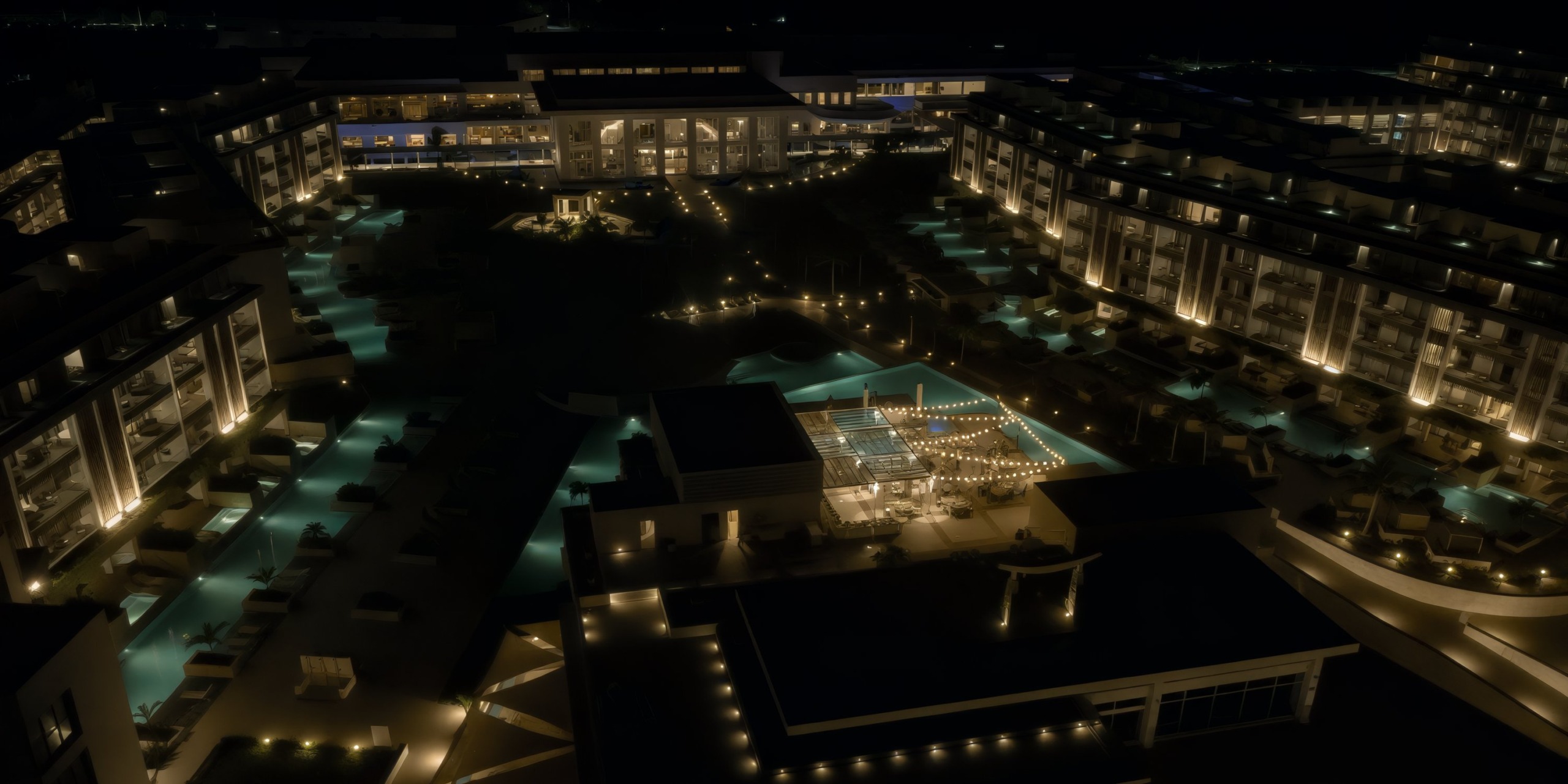 A breathtaking aerial view of Majestic Elegance Costa Mujeres at night showcases the beautifully illuminated pools and buildings, making it a perfect destination wedding location.