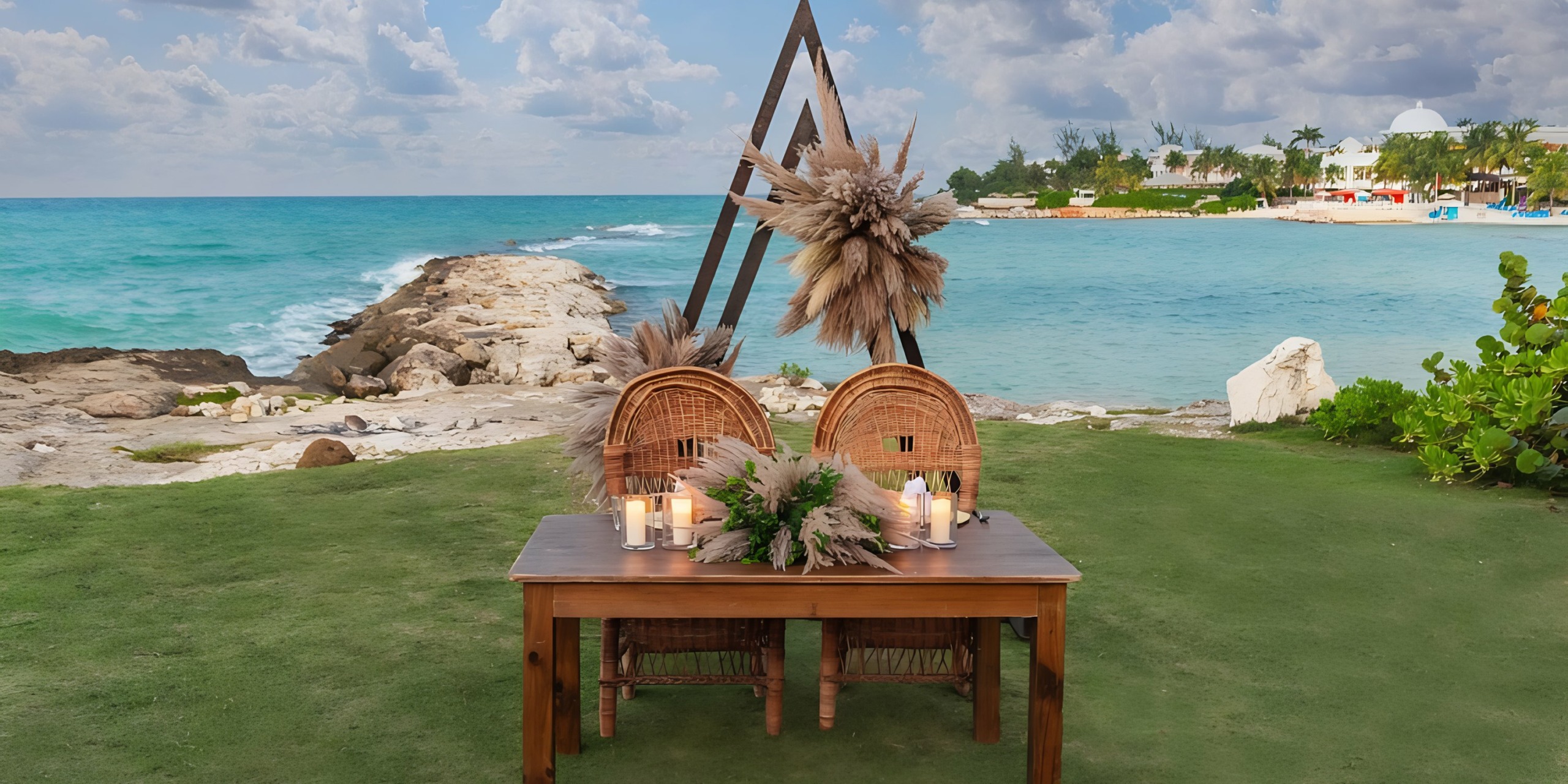 An intimate outdoor dining setup on a grassy area overlooking a tropical beach at dusk, perfect for a Grand Palladium Lady Hamilton wedding.