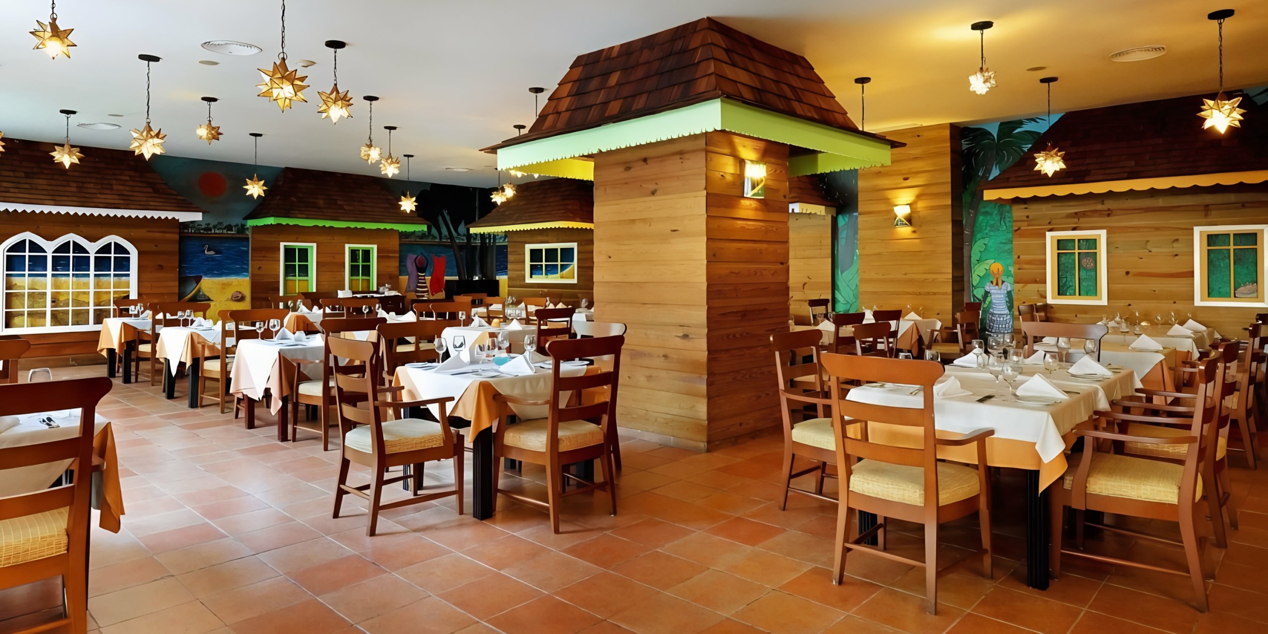 A Grand Palladium Lady Hamilton wedding venue featuring a spacious restaurant interior with wooden furniture, white tablecloths, and whimsical cottage-style wall decorations.