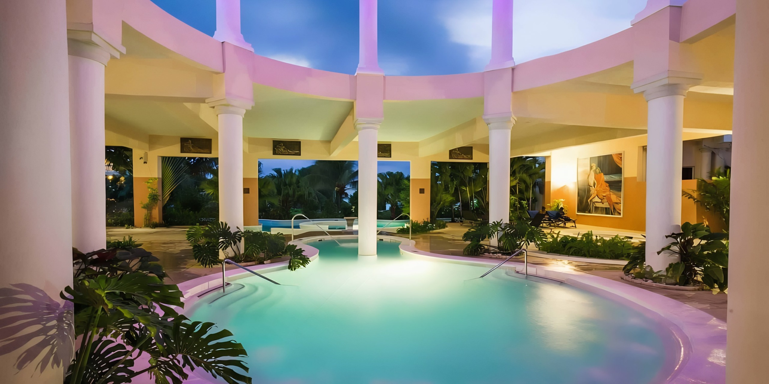Elegant outdoor swimming pool surrounded by pillars and tropical plants during twilight at the Grand Palladium Lady Hamilton wedding venue.