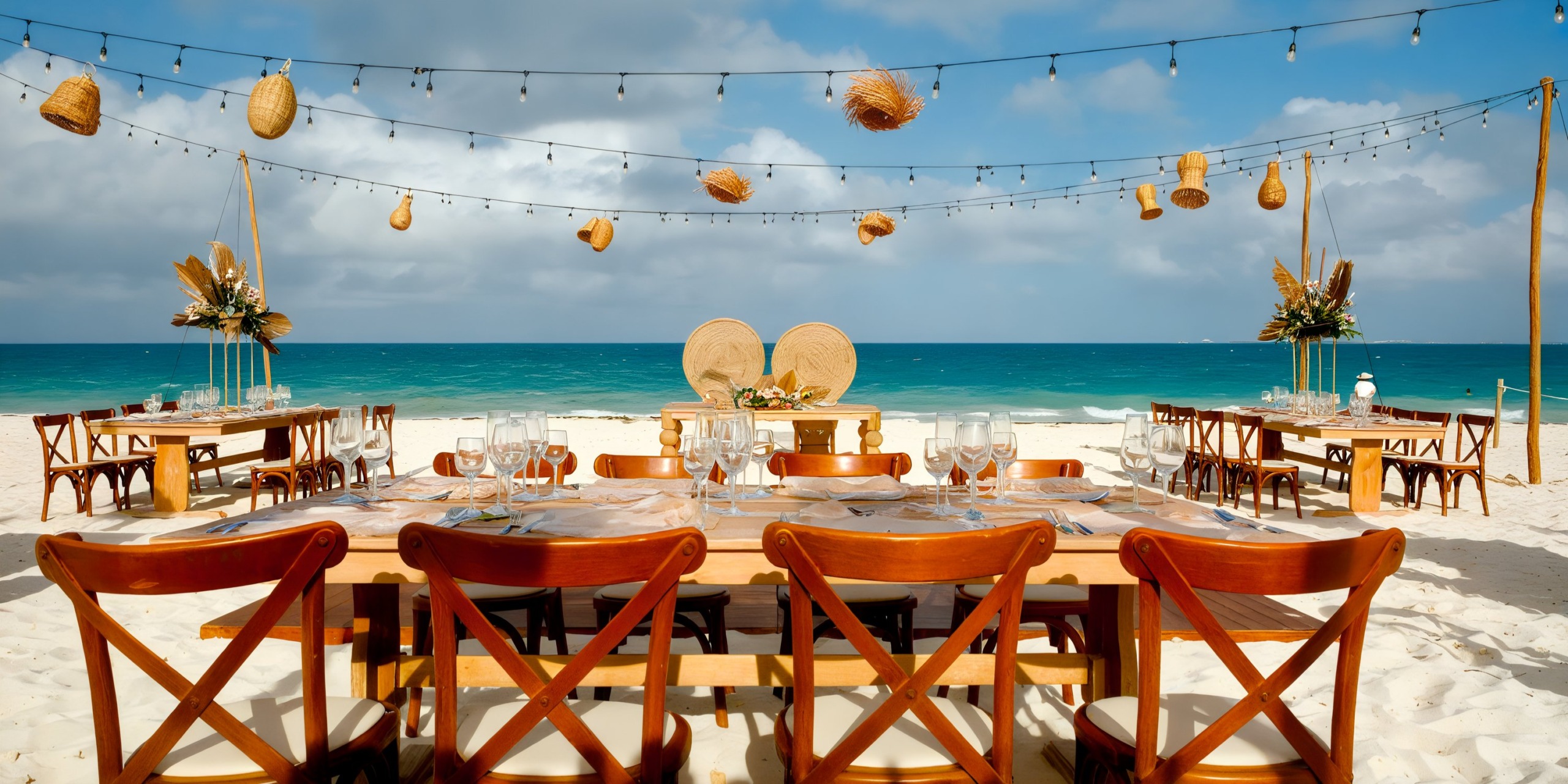 Experience a beachfront dining setup at the Grand Palladium Costa Mujeres, featuring wooden tables and chairs on the sandy shore, beautifully decorated with hanging lights and baskets, all set against the backdrop of the ocean and blue sky.