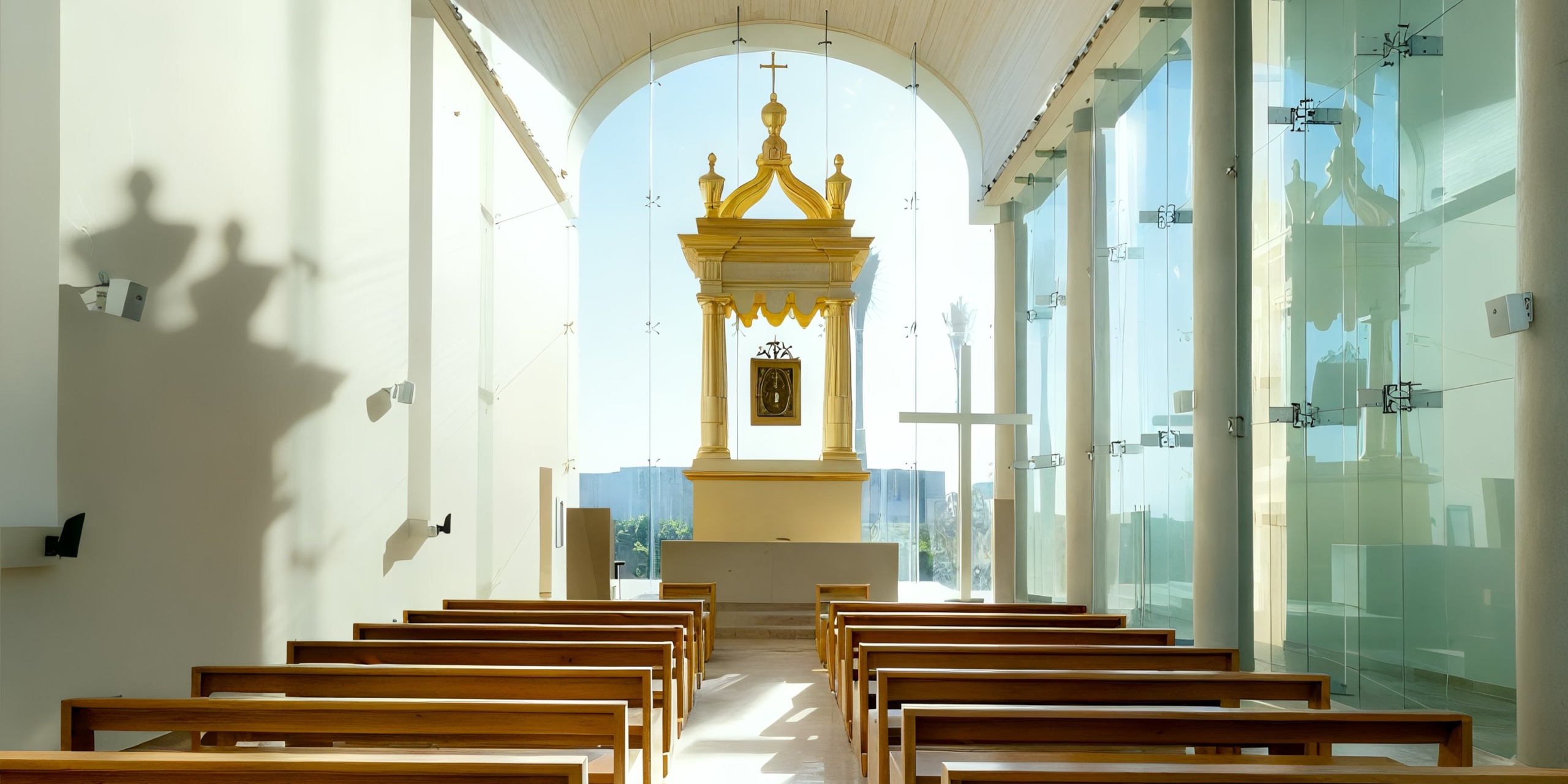 The interior of the Grand Palladium Costa Mujeres features a modern chapel with wooden benches, a golden altar, and glass walls that allow natural light to flood in.