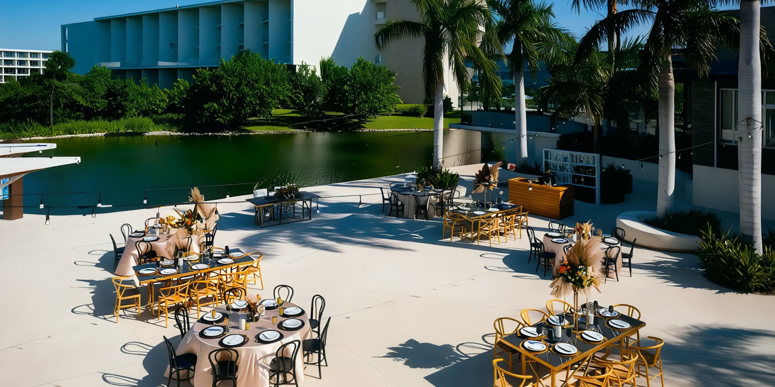Setup for an outdoor event with tables and chairs arranged on a patio by a pond at the Grand Palladium Costa Mujeres, surrounded by palm trees and modern buildings in the background.