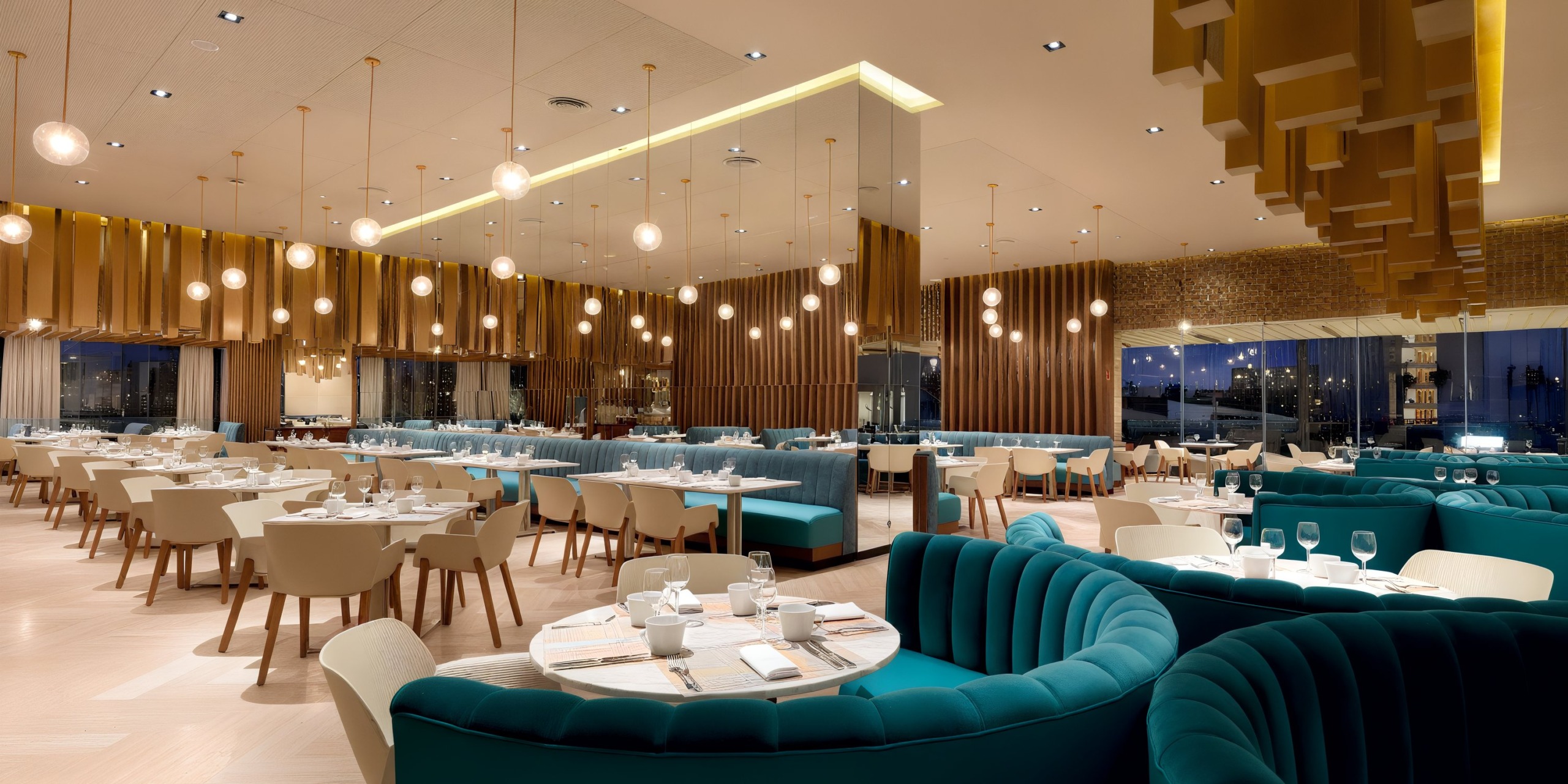 The interior of the Grand Palladium Costa Mujeres restaurant is modern, featuring teal and white seating combined with wooden accents and spherical pendant lights. Tables are elegantly set with dishes and glasses, while large windows provide a stunning view of the city at night.