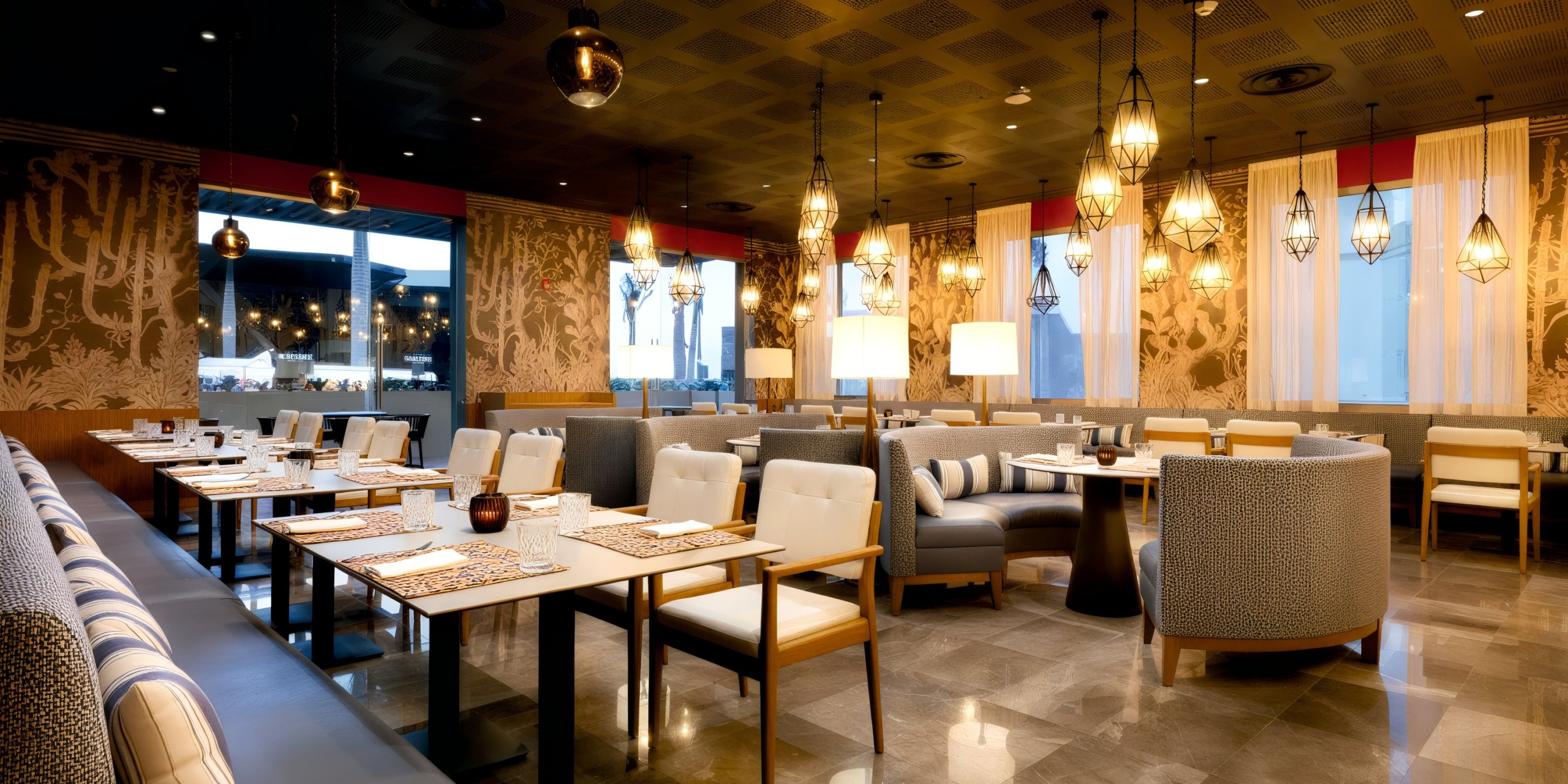 A contemporary interior at Grand Palladium Costa Mujeres, featuring patterned walls, hanging lights, and well-organized tables and chairs.