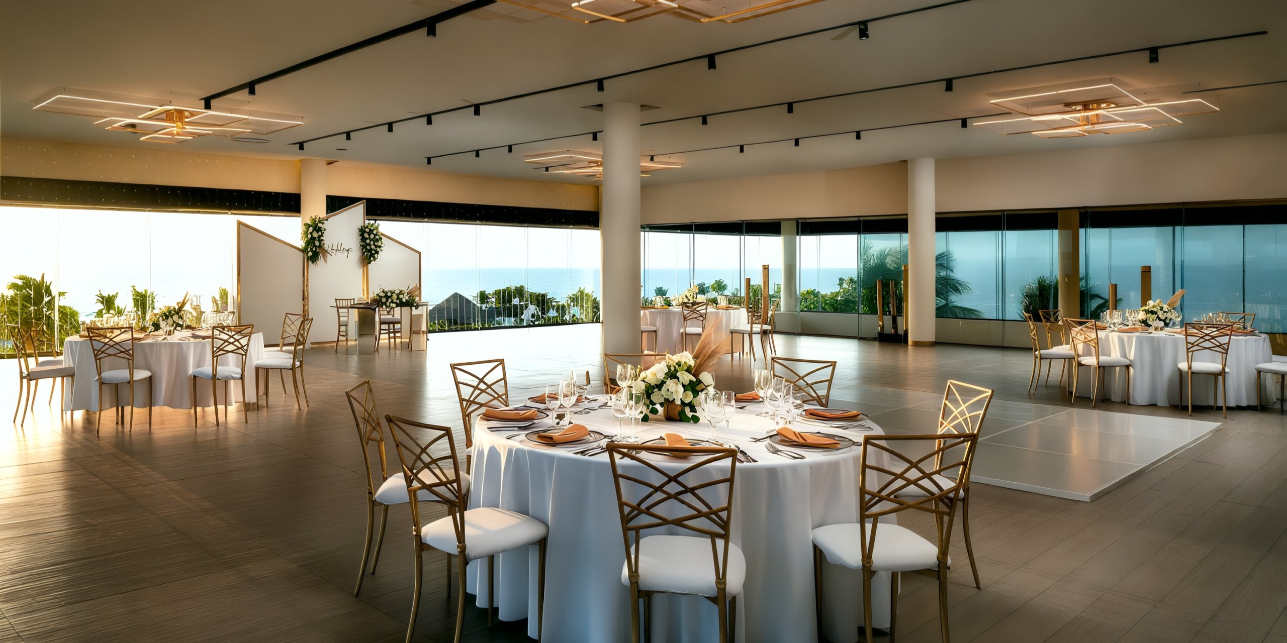The Grand Palladium Costa Mujeres boasts a spacious event room adorned with round tables set for dining, featuring elegant white tablecloths, luxurious gold chairs, and beautiful floral centerpieces. Large windows provide guests with stunning views of lush greenery and the ocean.