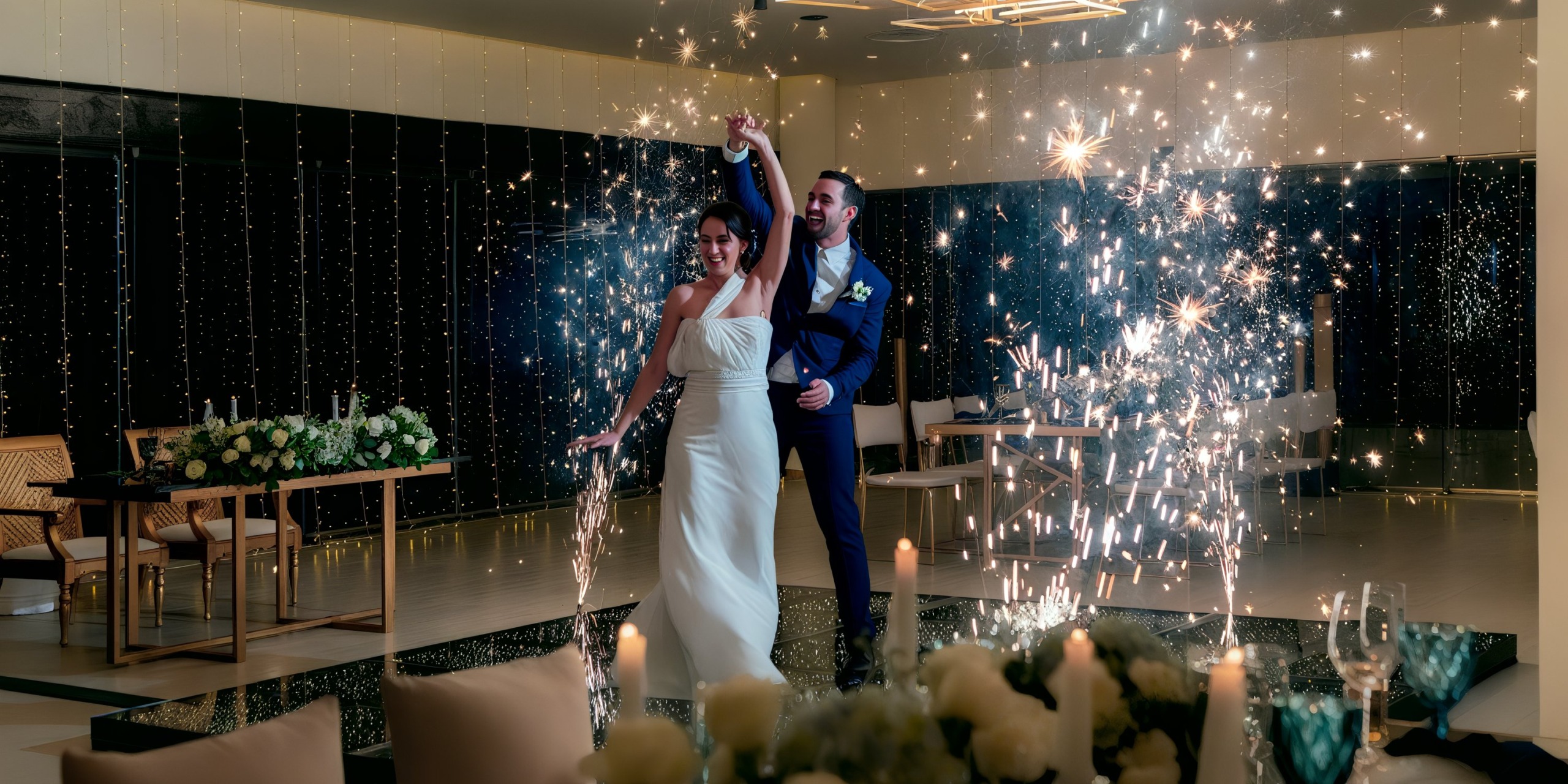 The bride and groom dance surrounded by sparklers and decorations in the dimly lit venue of Grand Palladium Costa Mujeres.