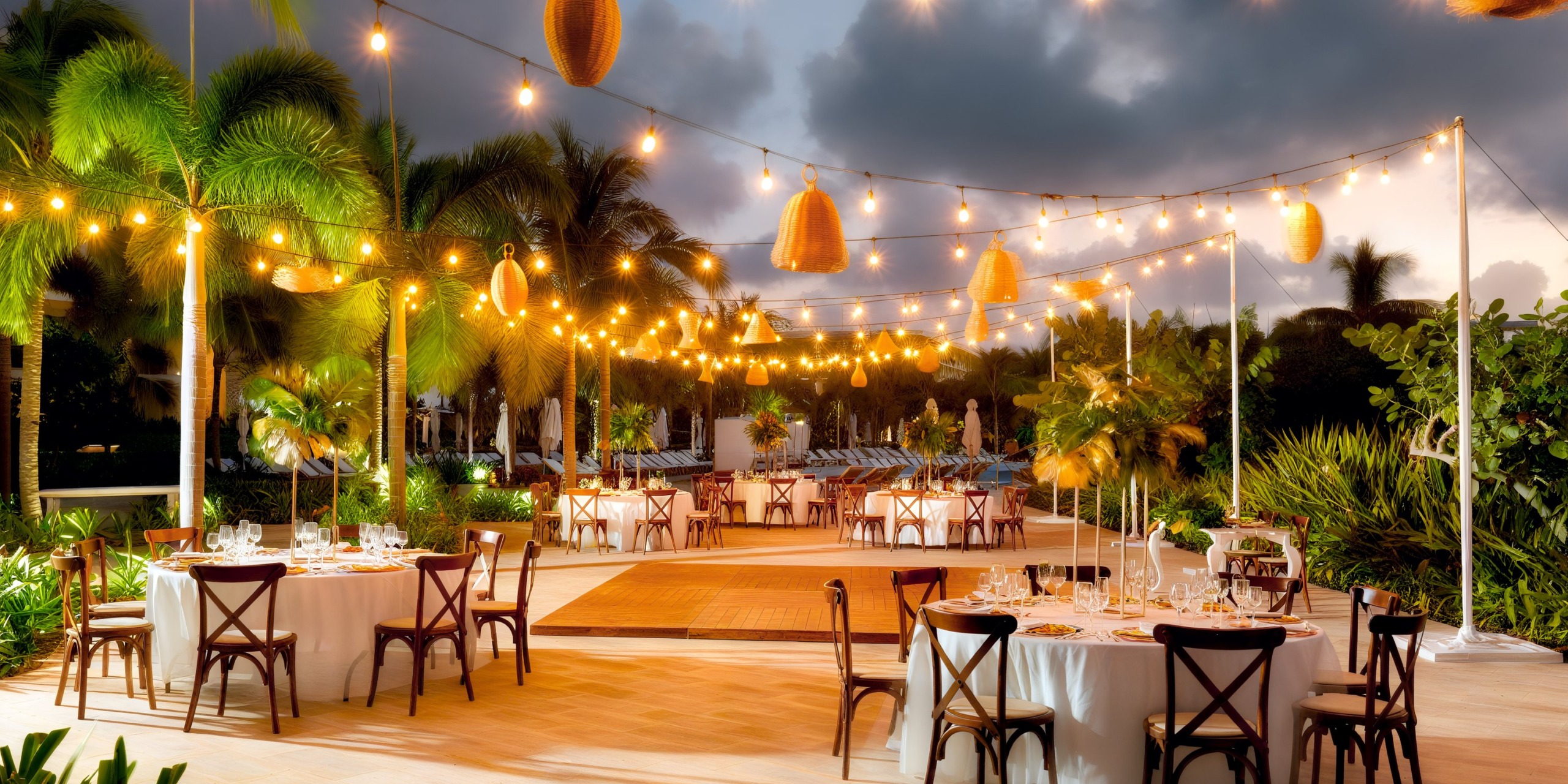 Immerse yourself in an elegant outdoor dining setup at Grand Palladium Costa Mujeres, featuring round tables and chairs under string lights, all surrounded by palm trees in a lush tropical setting.