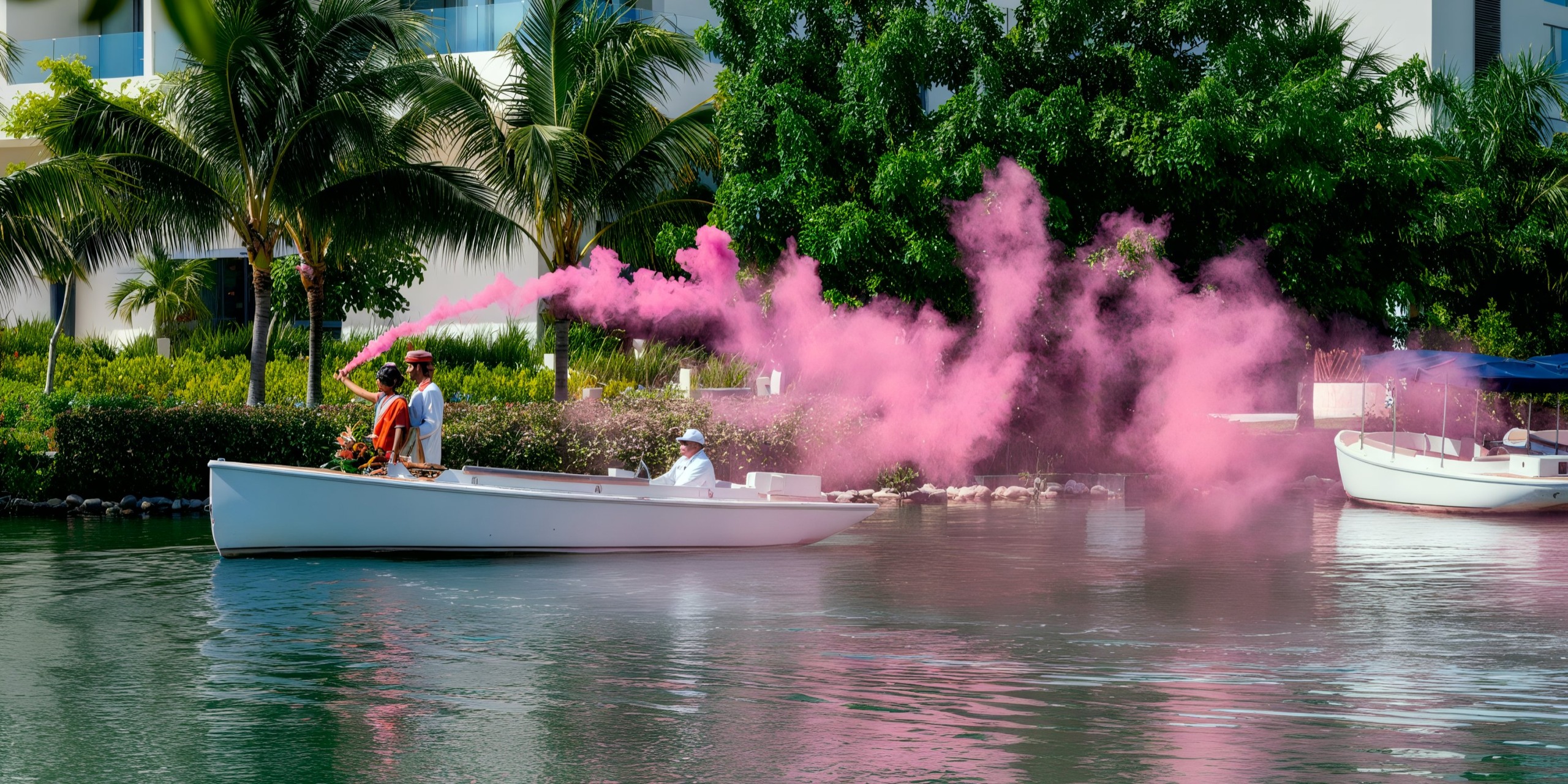 The Grand Palladium Costa Mujeres floats serenely on the calm river, releasing pink smoke into the air, with trees and a building in the background.