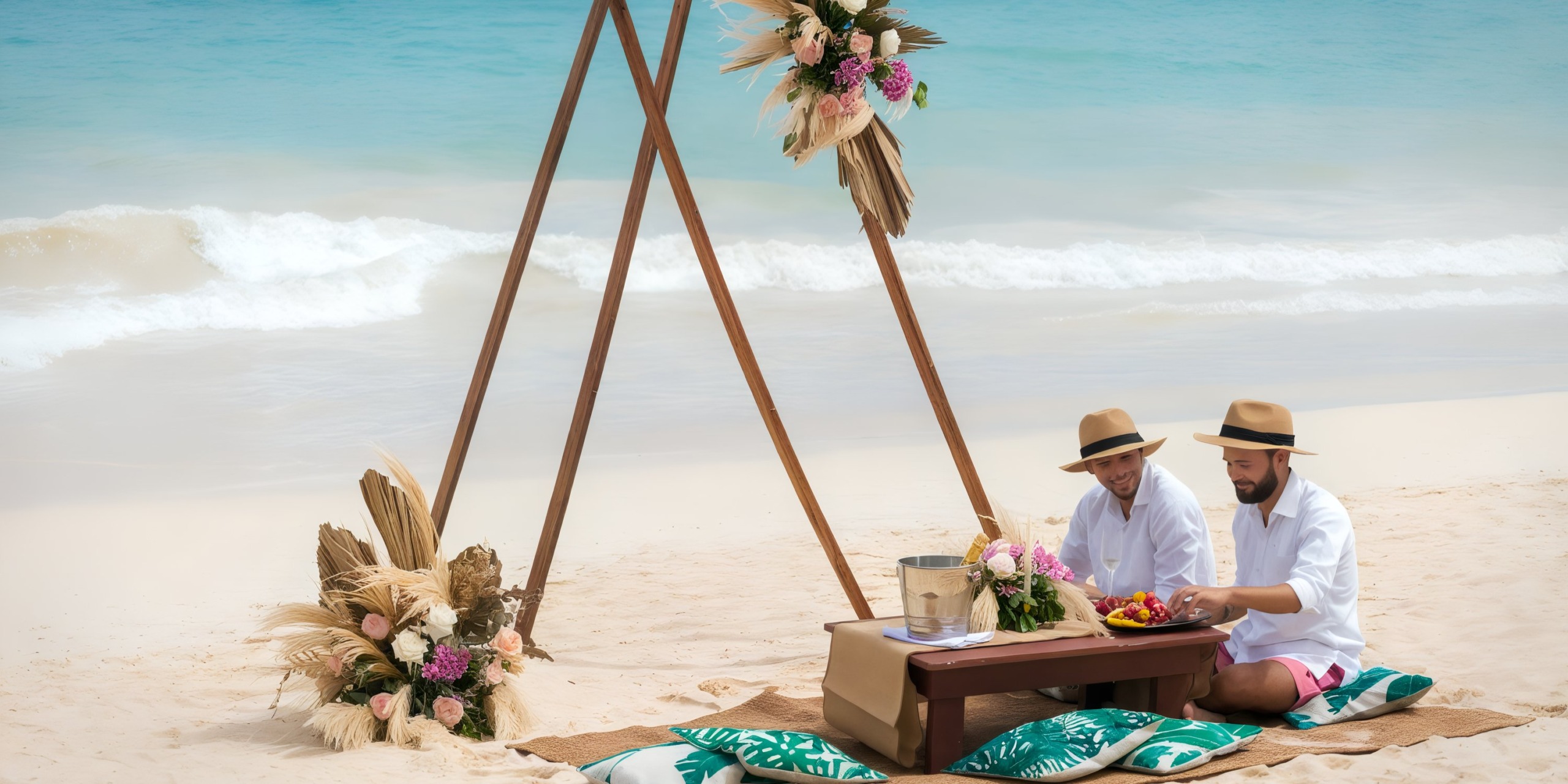 Two people in white shirts and hats are seated at a beautifully decorated table on the beach, with waves rolling in the background and floral arrangements set on wooden stands at Grand Palladium Bavaro.