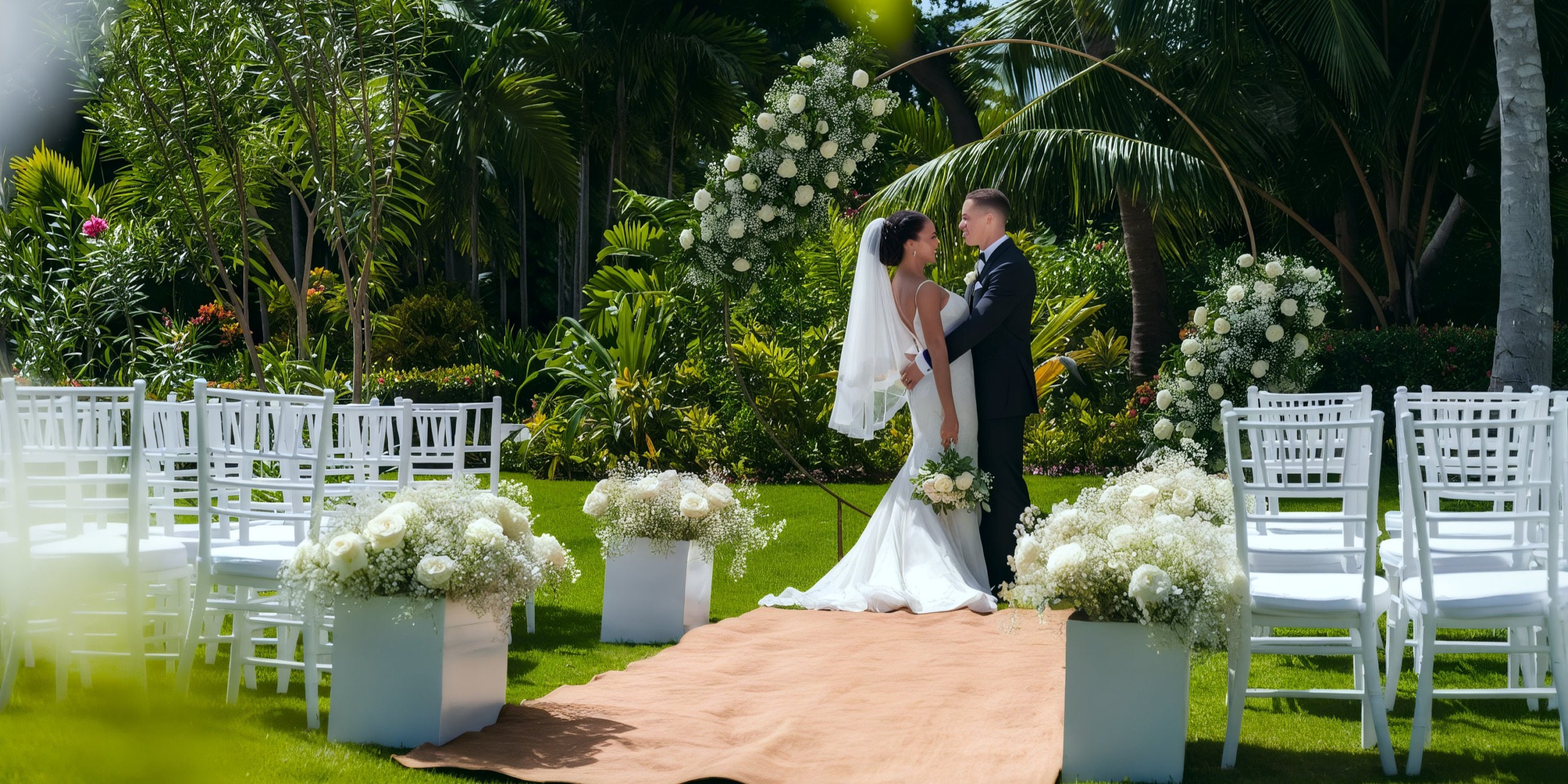 A couple is standing at an outdoor wedding altar surrounded by white flowers and empty chairs, set amidst the lush greenery of Grand Palladium Bavaro.