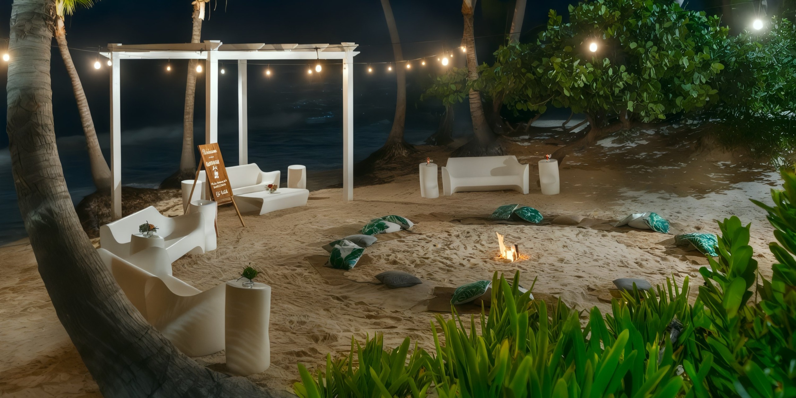 Picture a cozy beach setting at night at Grand Palladium Bavaro, featuring white seating and a small fire pit, beautifully surrounded by string lights and palm trees.