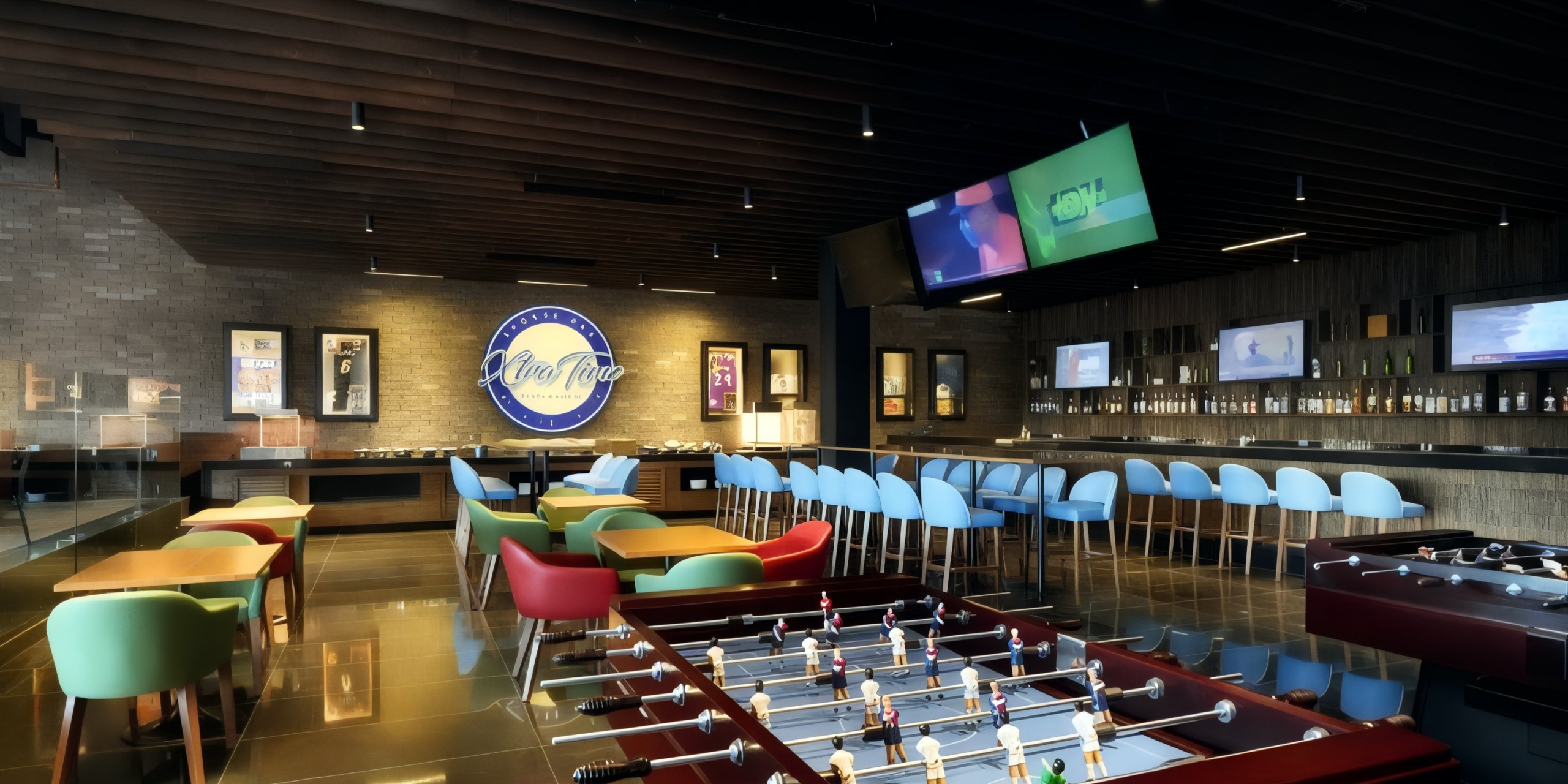 The Grand Palladium Costa Mujeres features a contemporary bar with vibrant seating, a foosball table, multiple TVs, and a prominent wall logo.