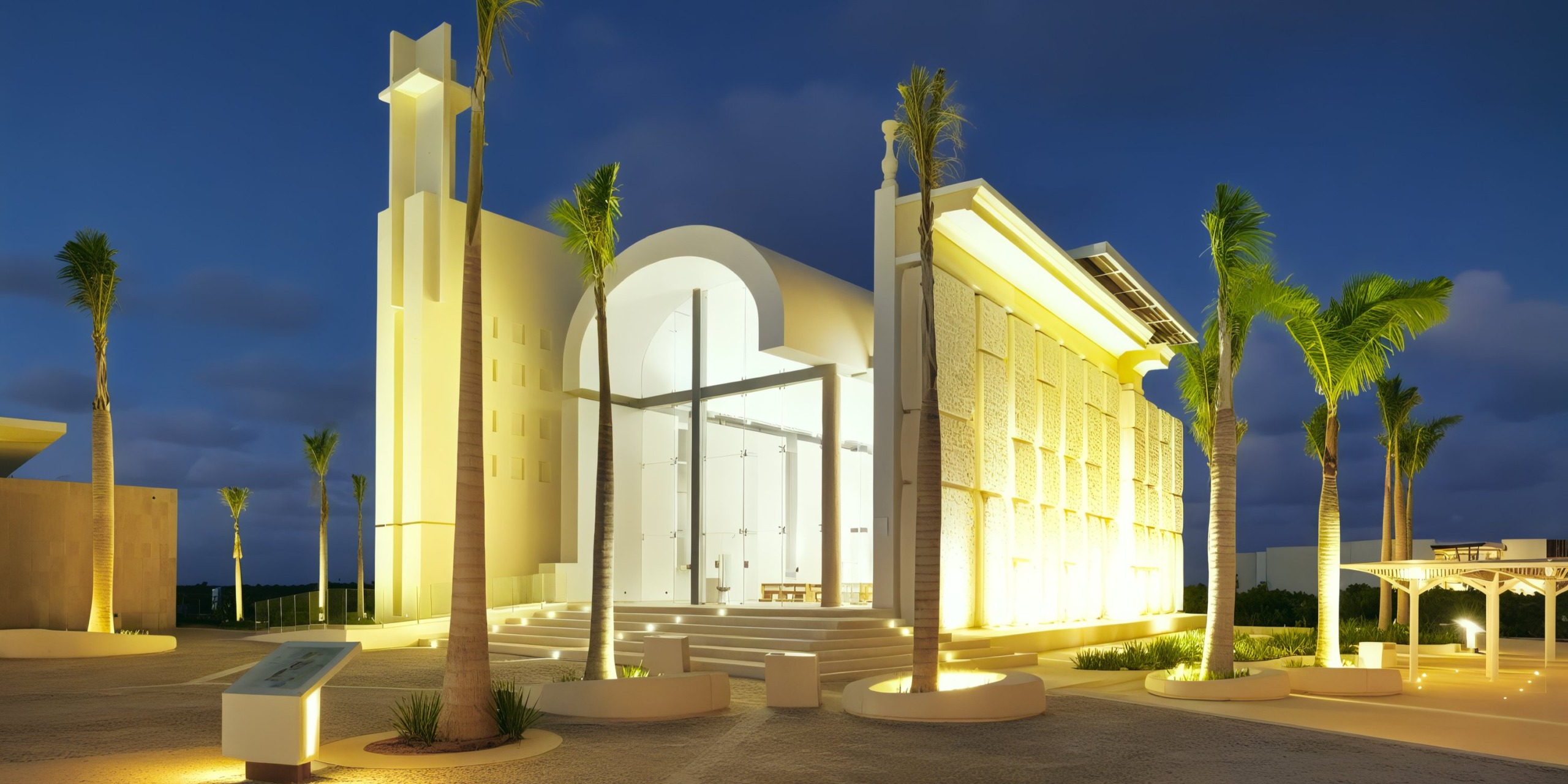 A modern, illuminated structure with tall palm trees in front, seen at dusk, is the Grand Palladium Costa Mujeres. The building showcases a large arched entrance and a light-colored facade.