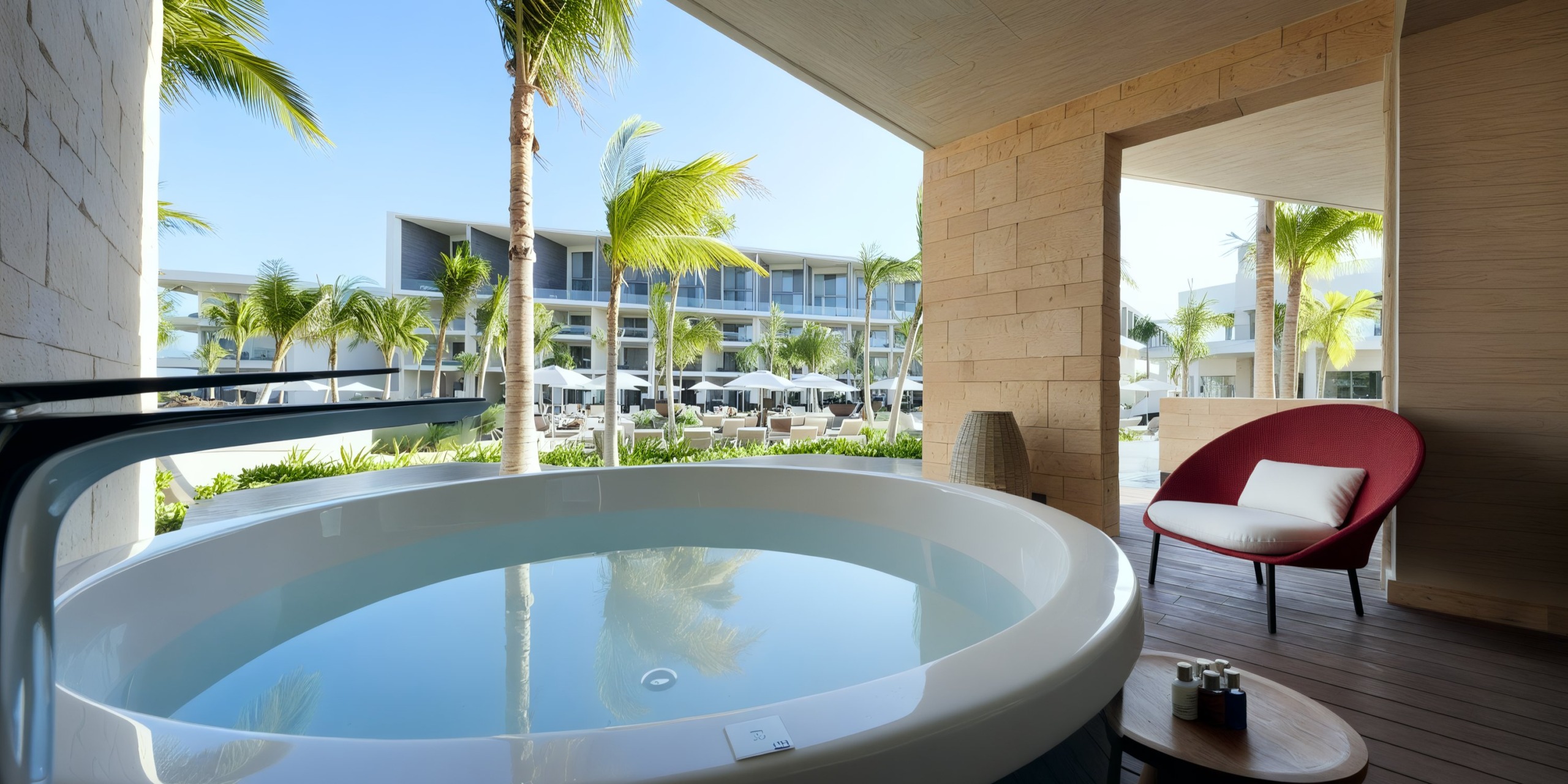 Experience the picturesque setting at the Grand Palladium Costa Mujeres, featuring a resort patio complete with a round bathtub, surrounded by palm trees and modern architecture in the background. A red chair and a small table enhance the right side of this tranquil oasis.