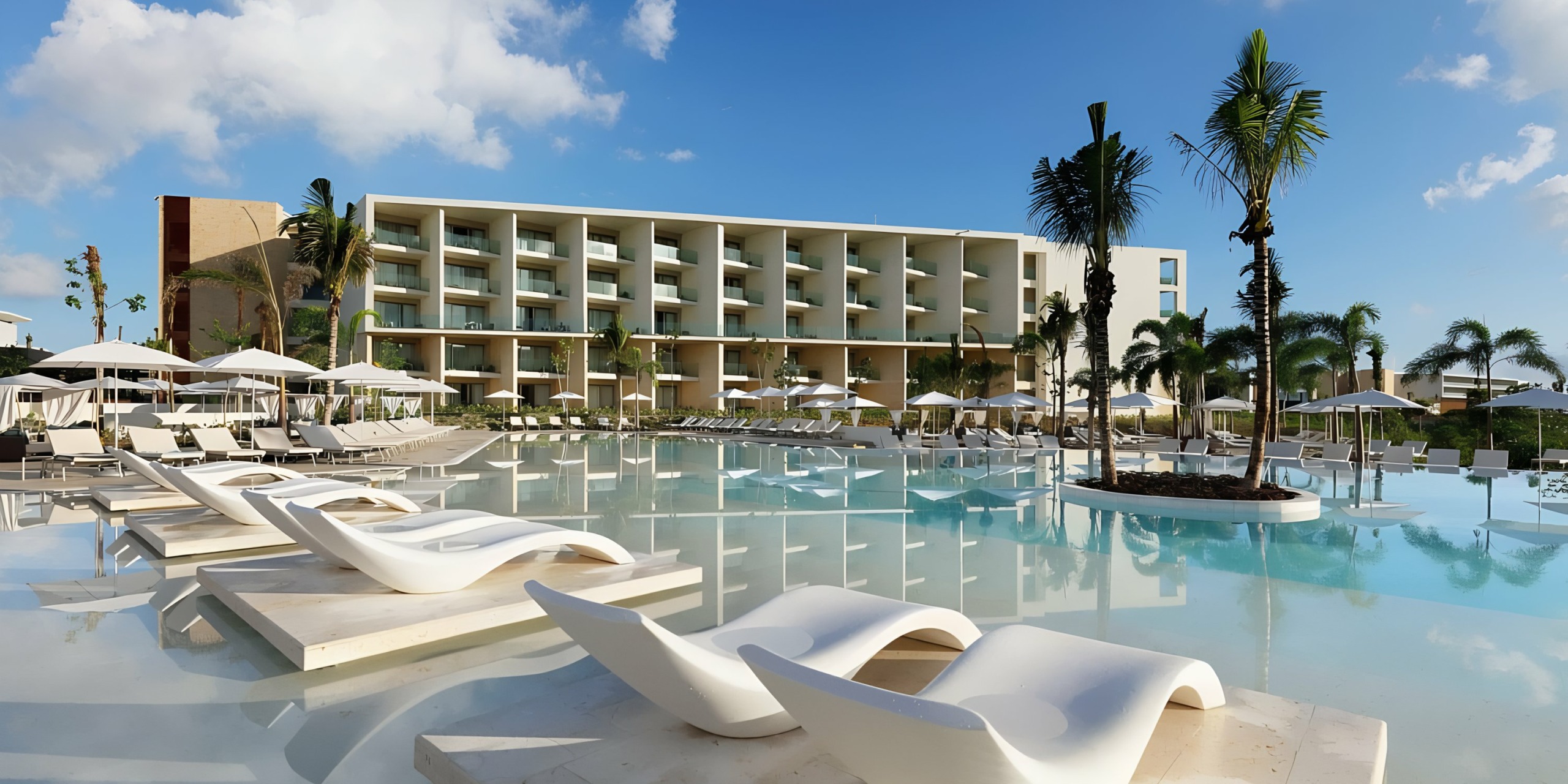 Grand Palladium Costa Mujeres with poolside loungers under a clear blue sky.