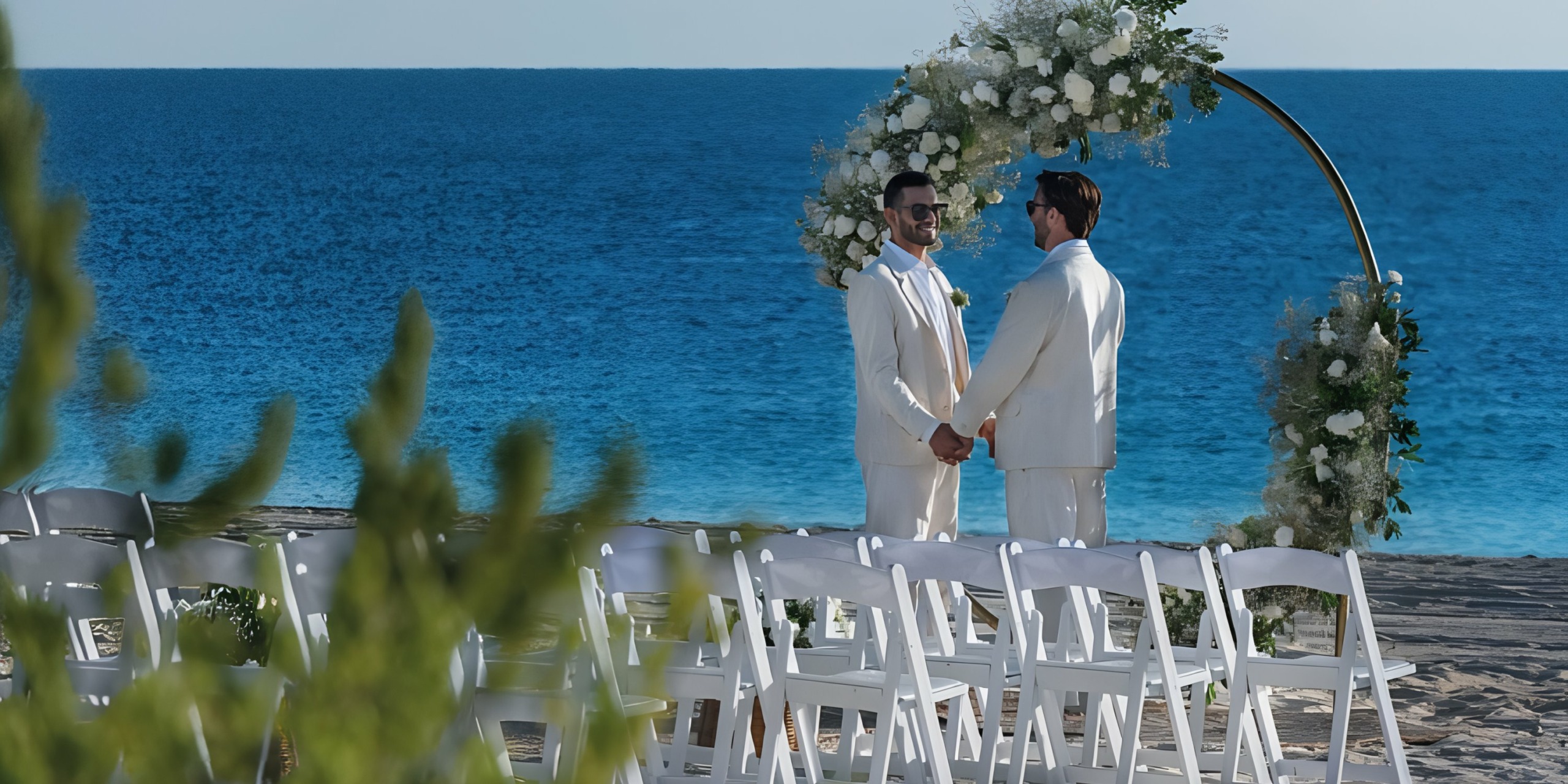 Two individuals exchanging vows at a beach wedding ceremony, standing under a floral arch with the ocean in the background at Grand Palladium Costa Mujeres.