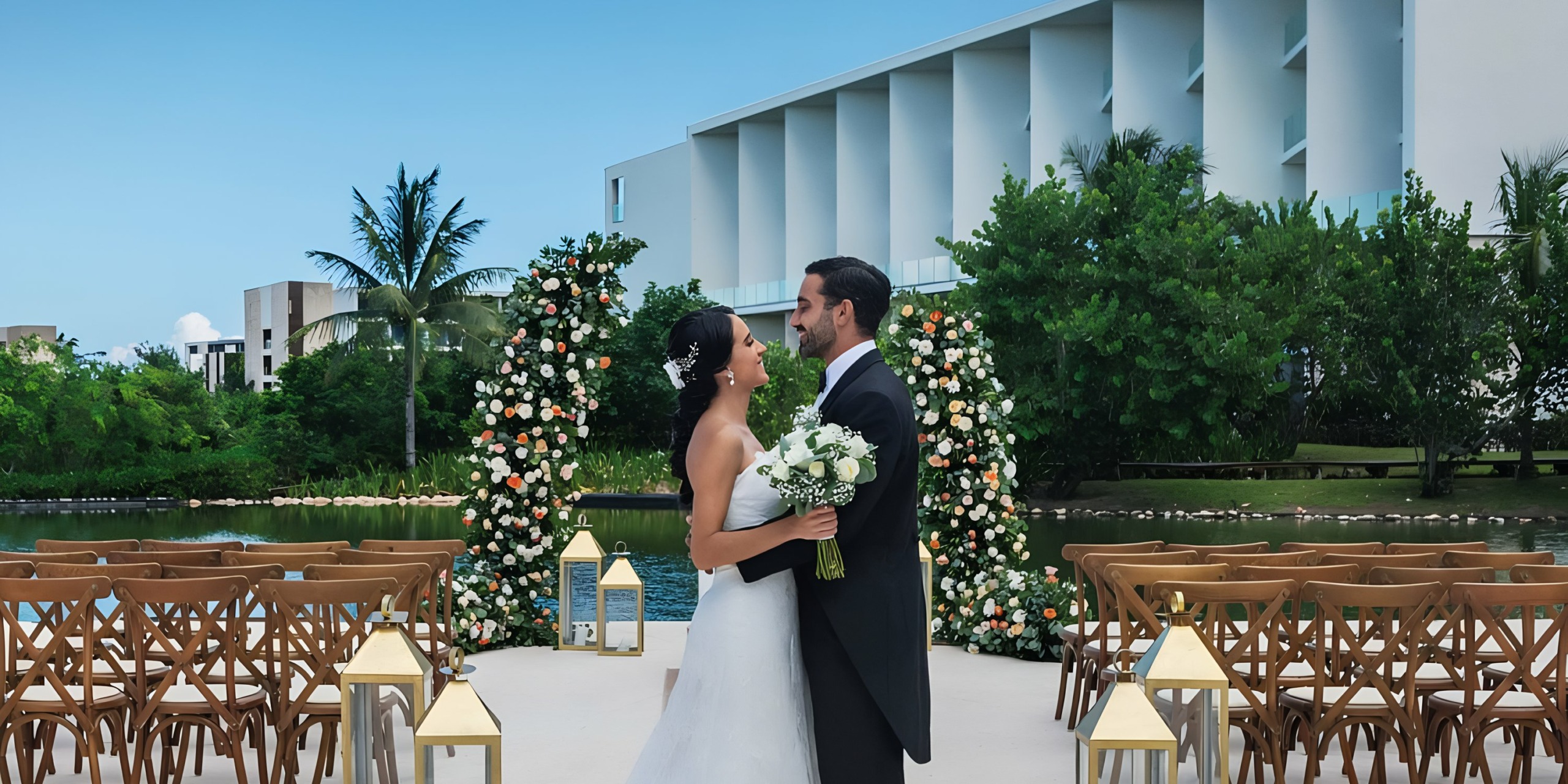 A couple in wedding attire embracing in front of the Grand Palladium Costa Mujeres setup with rows of chairs and a floral arch.