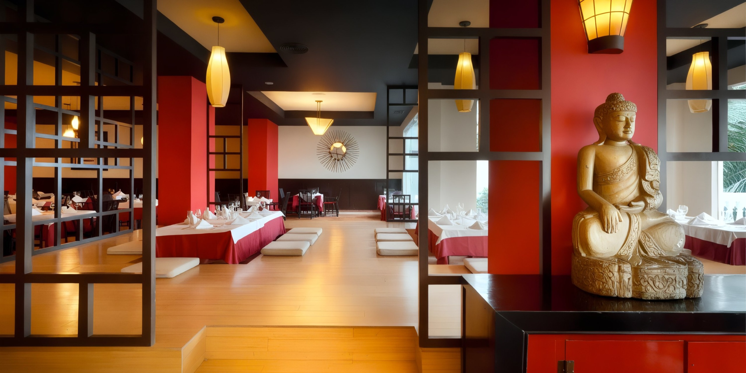 The restaurant interior, echoing the style of a Grand Palladium Lady Hamilton event, features red and black decor with low tables adorned with white cloths and cushions, enhanced by a tranquil Buddha statue on a cabinet.