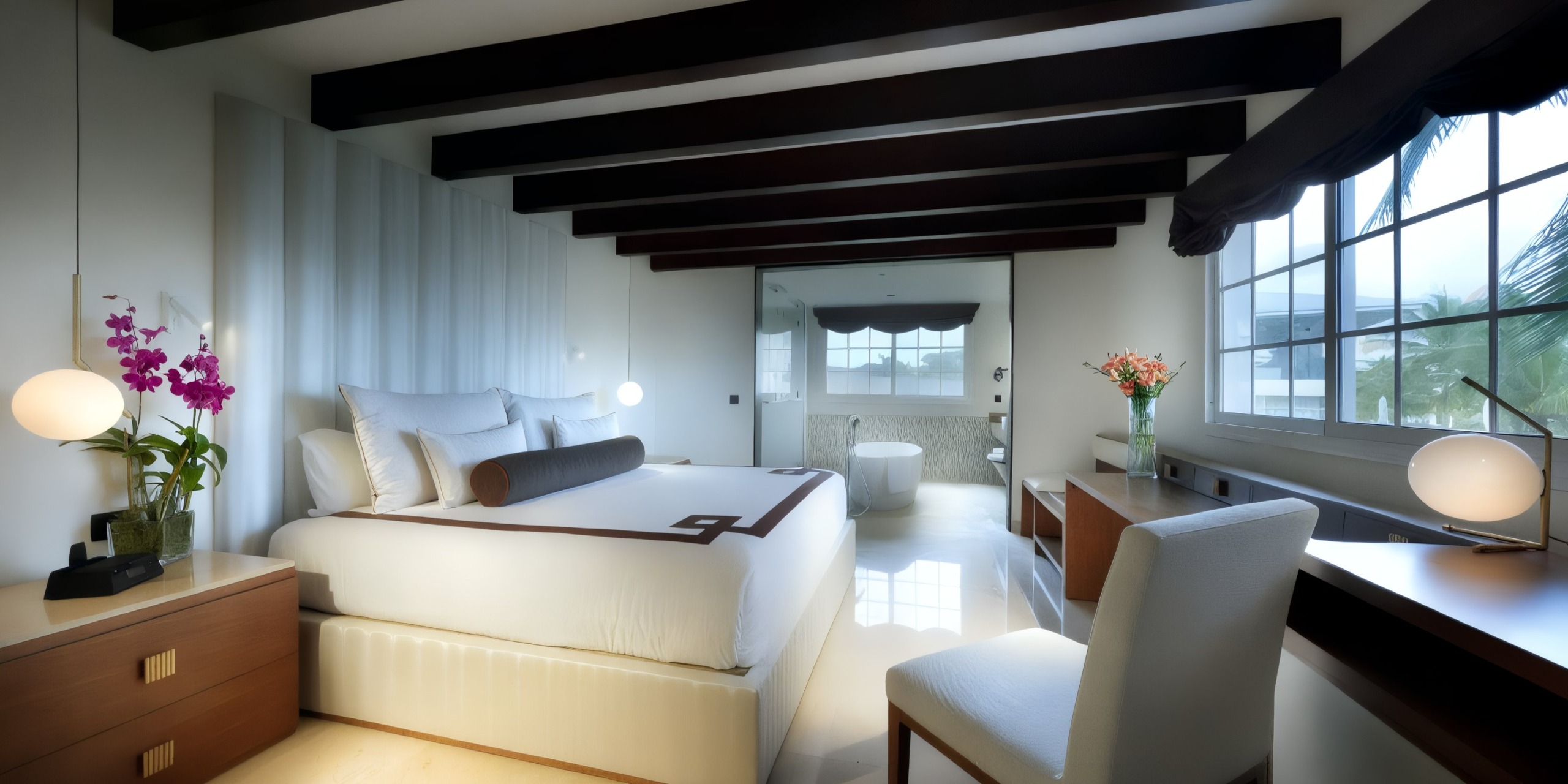 A contemporary bedroom with exposed wooden beams and a spacious bed showcases furnishings in the Grand Palladium Lady Hamilton style. Sunlight streams through the window, illuminating a vase of flowers adorning the desk area, creating an atmosphere of tranquil sophistication.