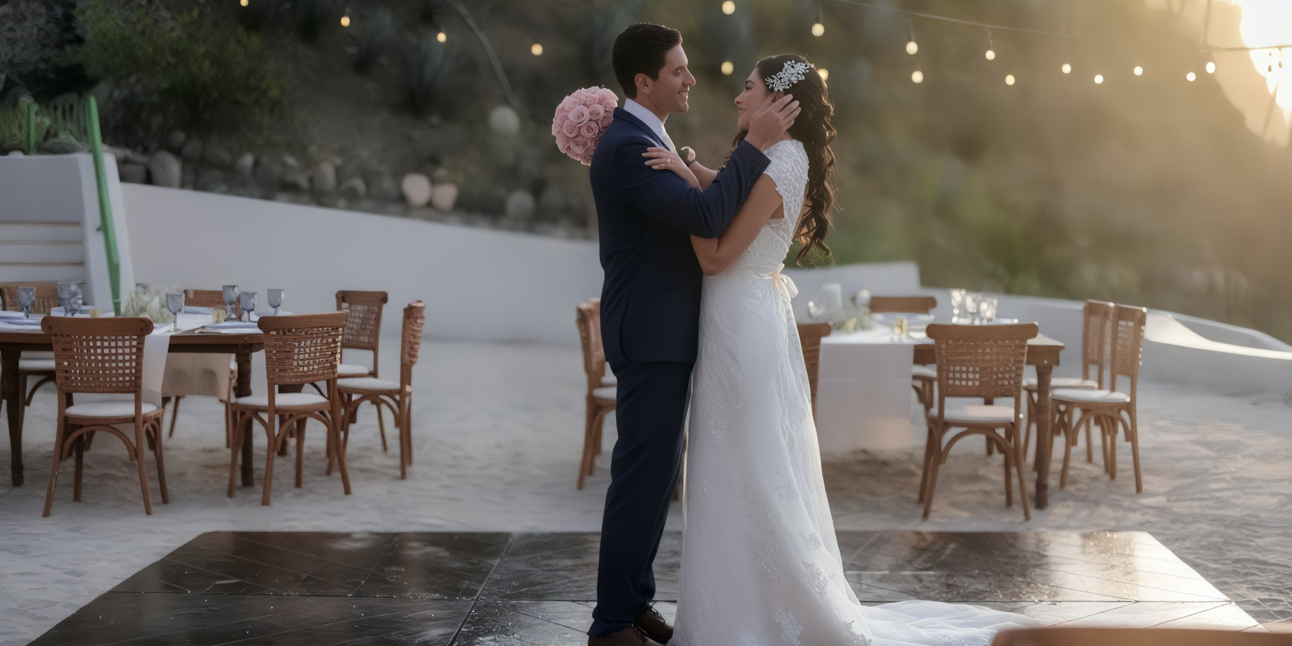 A bride and groom share a dance on an outdoor dance floor at their wedding reception held at the Grand Palladium Vallarta, with tables and string lights in the background.