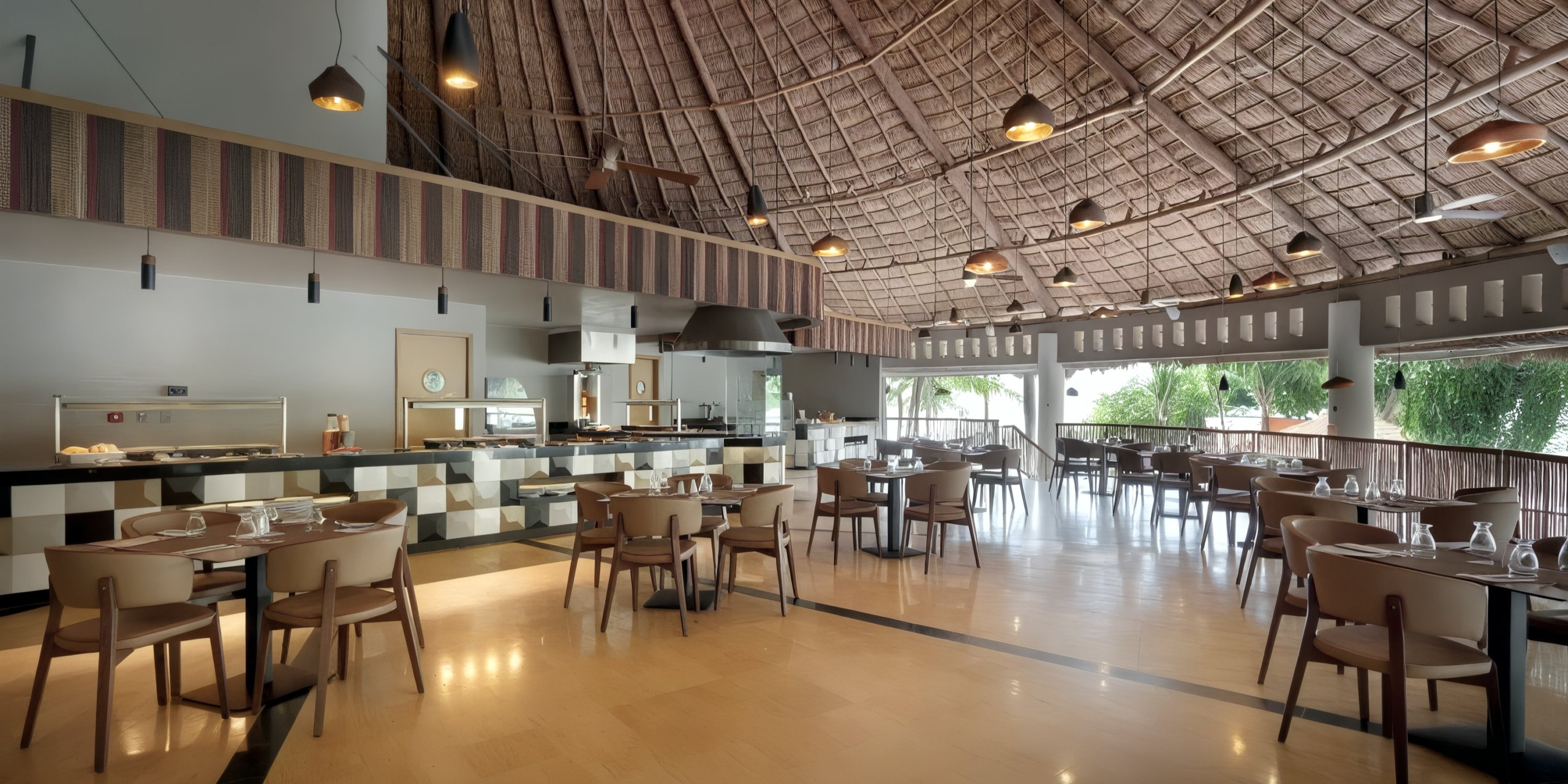 The Grand Palladium Vallarta features a spacious restaurant interior adorned with wooden tables and chairs, a thatched ceiling, and expansive windows that fill the space with natural light. A serving counter is prominently visible along the back wall.