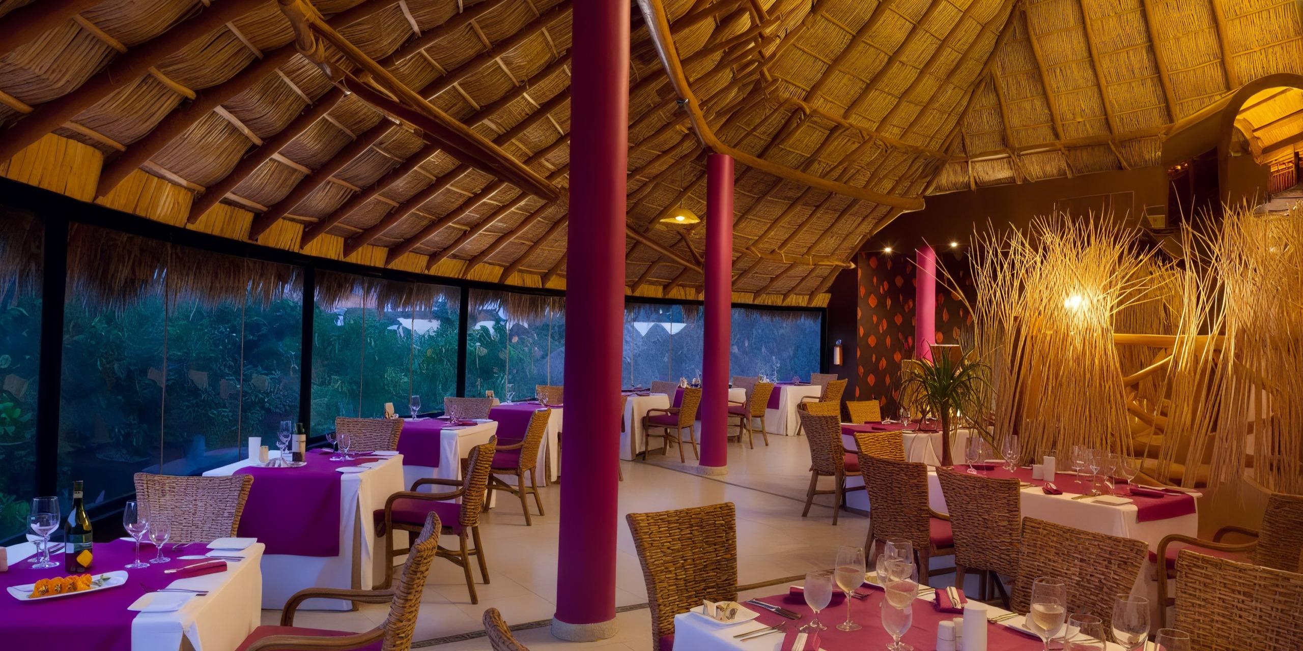 The Grand Palladium Vallarta features a tropical-themed restaurant interior complete with a thatched roof, wooden beams, striking purple columns, and tables adorned with elegant purple and white cloths.