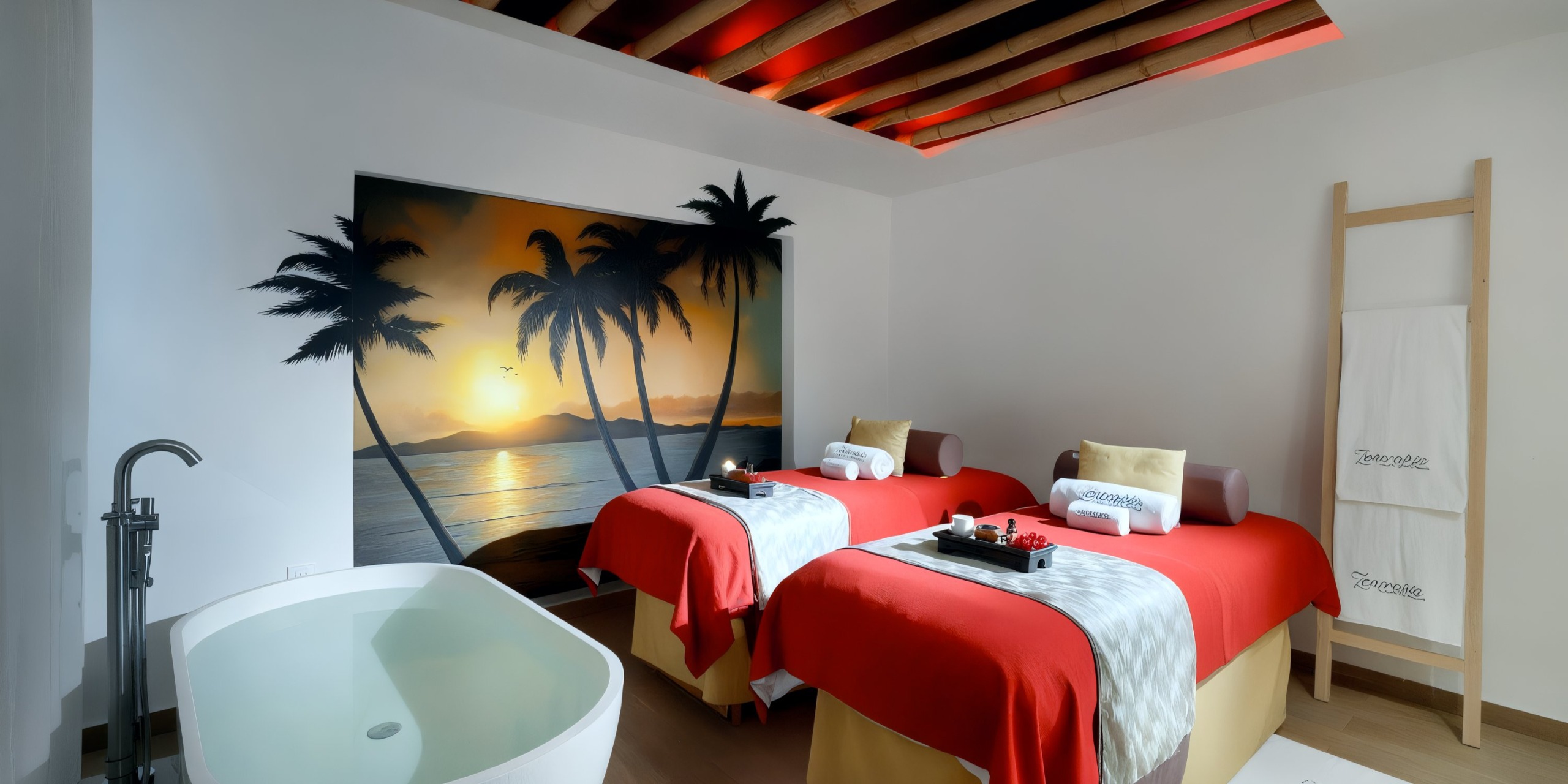 The Grand Palladium Vallarta spa room features two massage tables adorned with red covers and pristine white towels. A bathtub is situated on the left side of the room, while a mural depicting a tropical sunset with palm trees enhances the back wall's ambiance.