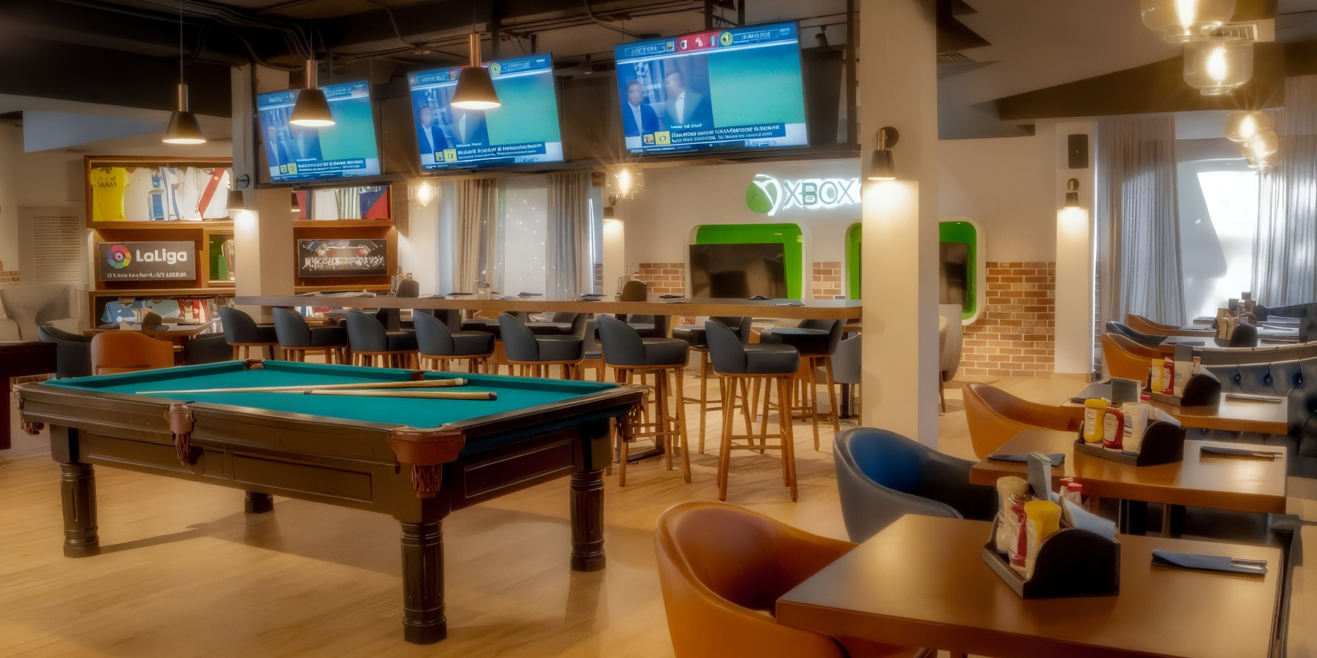Grand Palladium Vallarta offers a sports bar equipped with a pool table, high tables and chairs, TV screens featuring sports, and Xbox gaming stations.