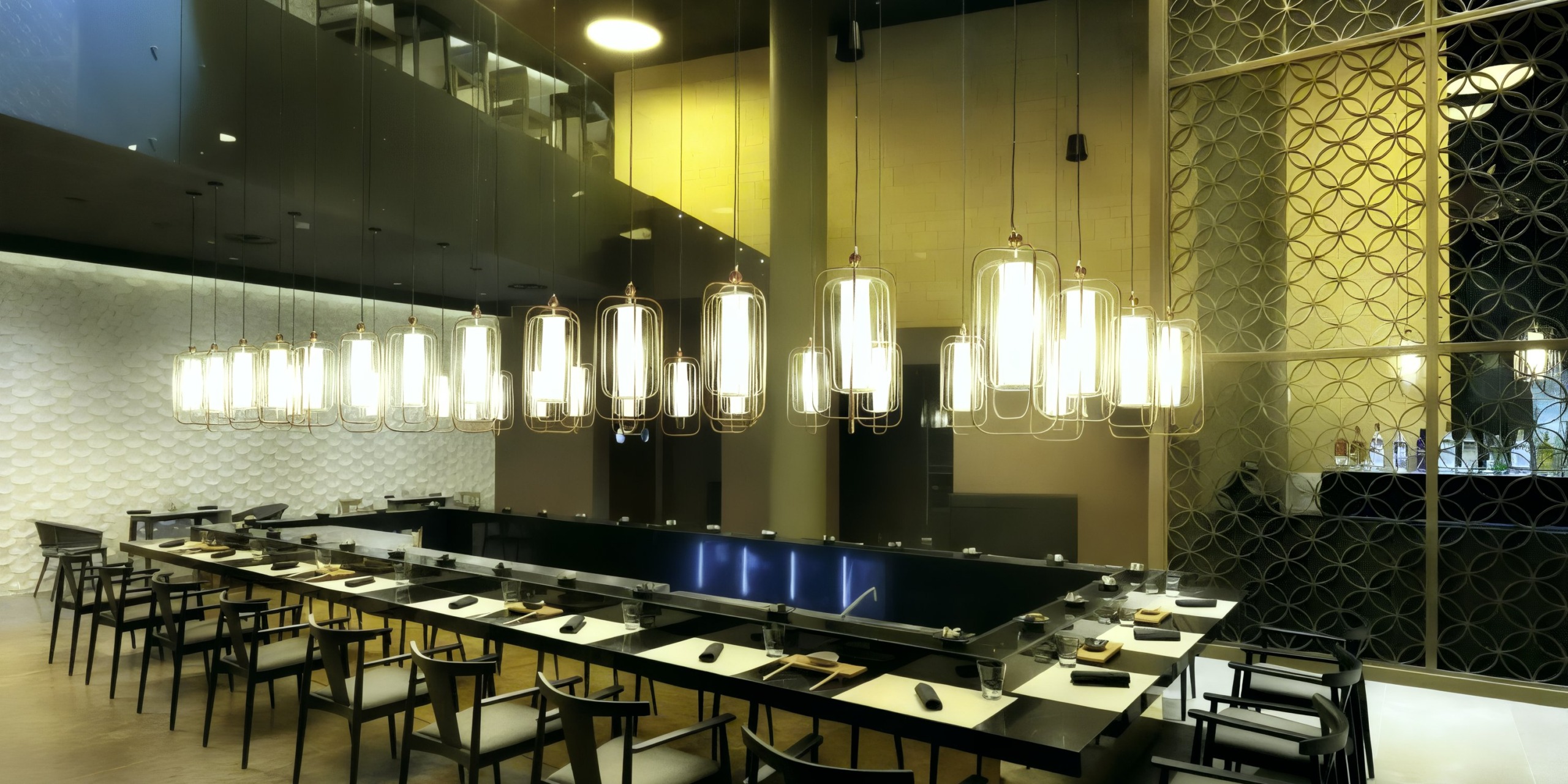 The Grand Palladium Costa Mujeres features a contemporary restaurant interior with long rectangular tables, flanked by elegant black chairs. Overhead, pendant lights are arranged in neat rows, while a patterned wall adorns the background.