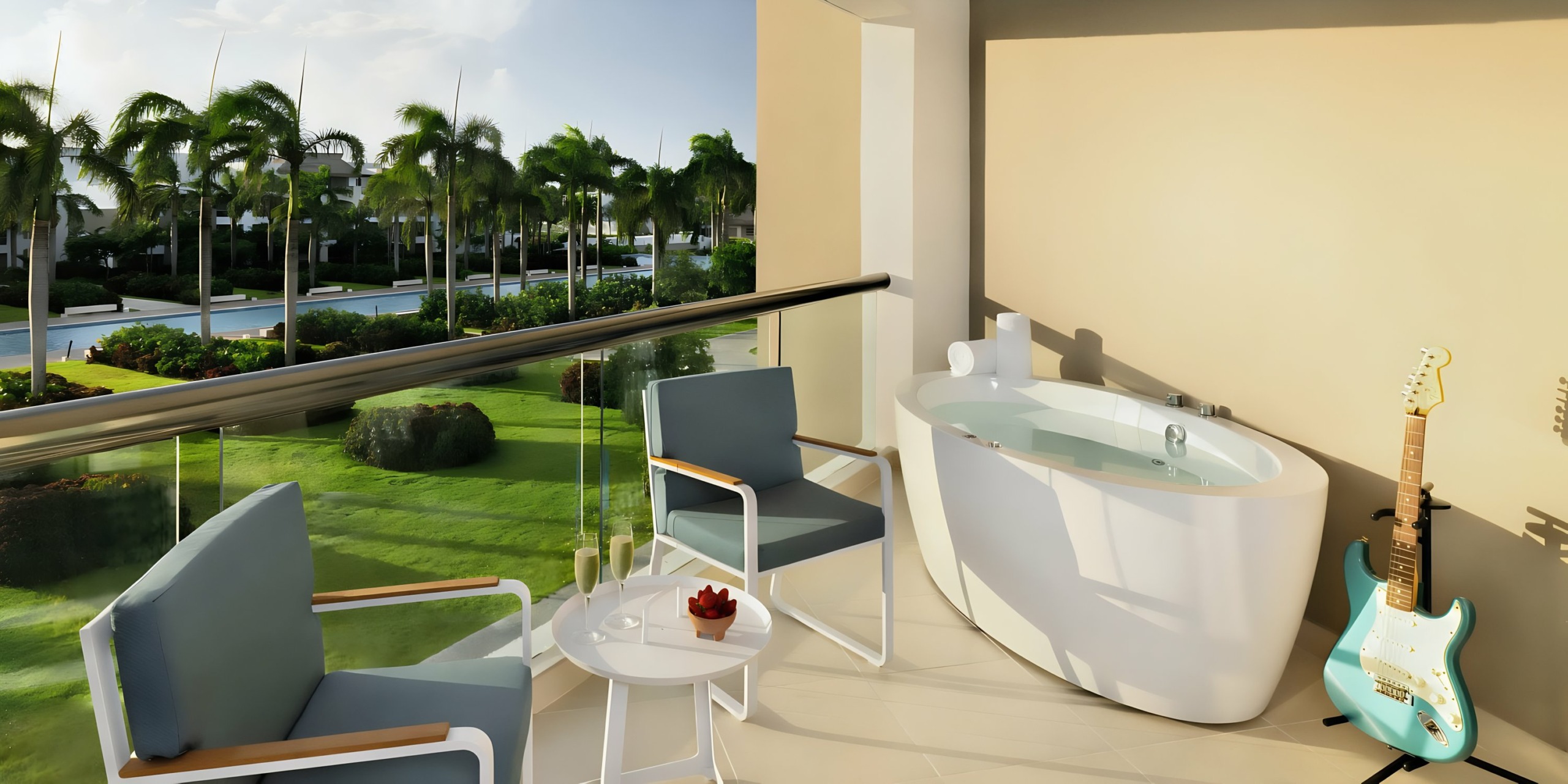 Modern balcony with a freestanding bathtub and a guitar overlooking the lush garden at Hard Rock Punta Cana.