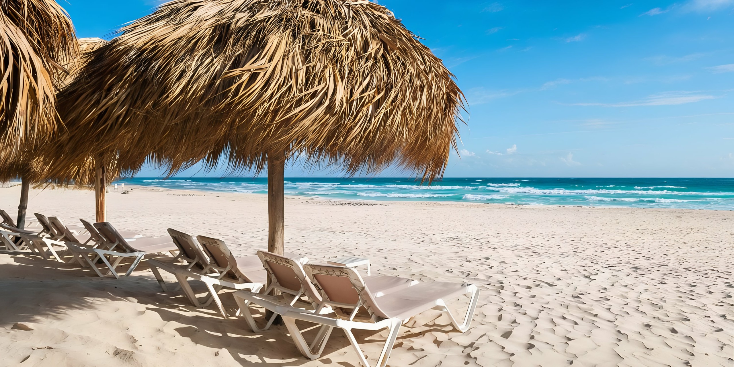 A row of empty sun loungers under a thatched parasol at Hard Rock Punta Cana on a sandy beach with a clear blue sky.