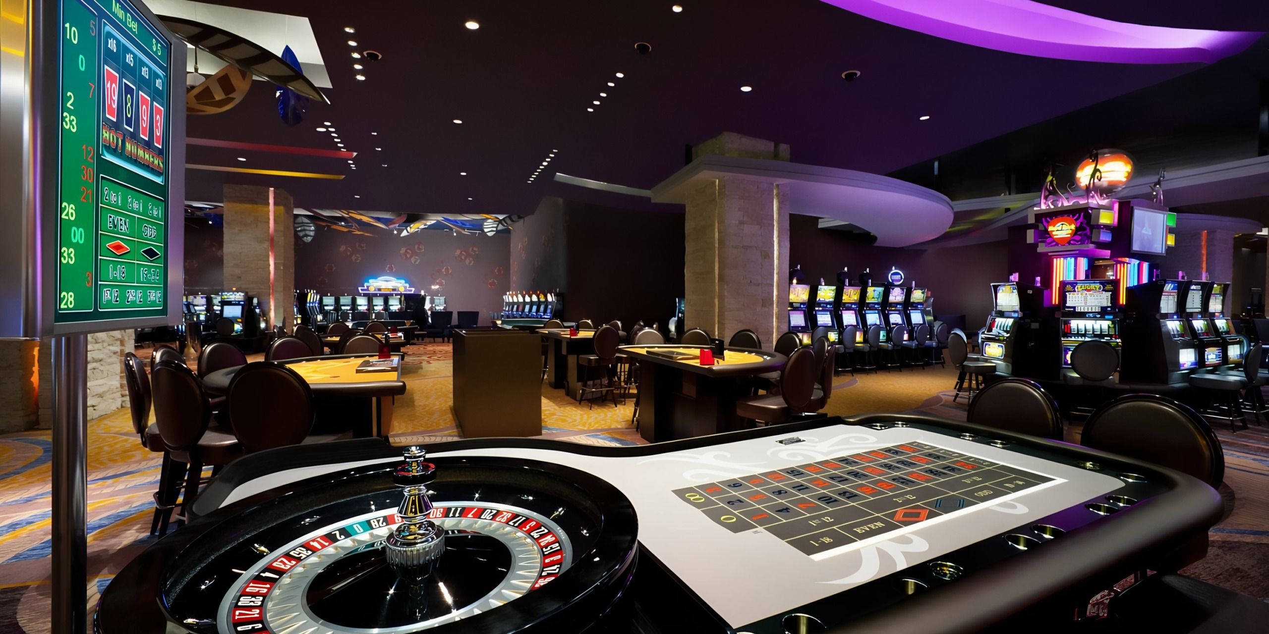 Modern casino interior with Hard Rock Punta Cana in the foreground and slot machines in the background.