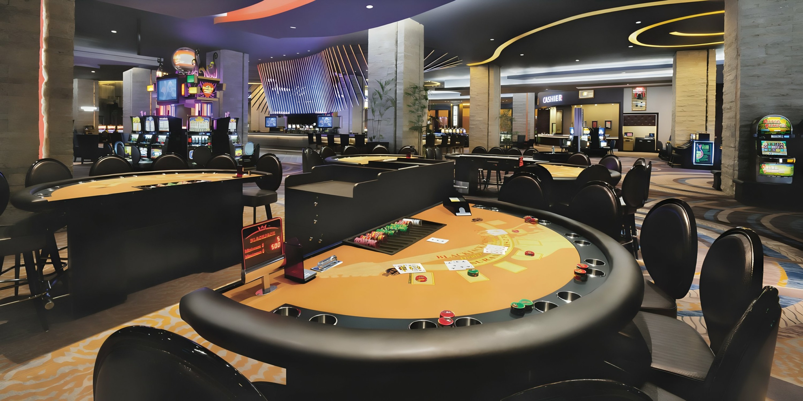 A modern Hard Rock Punta Cana interior with blackjack tables and slot machines.