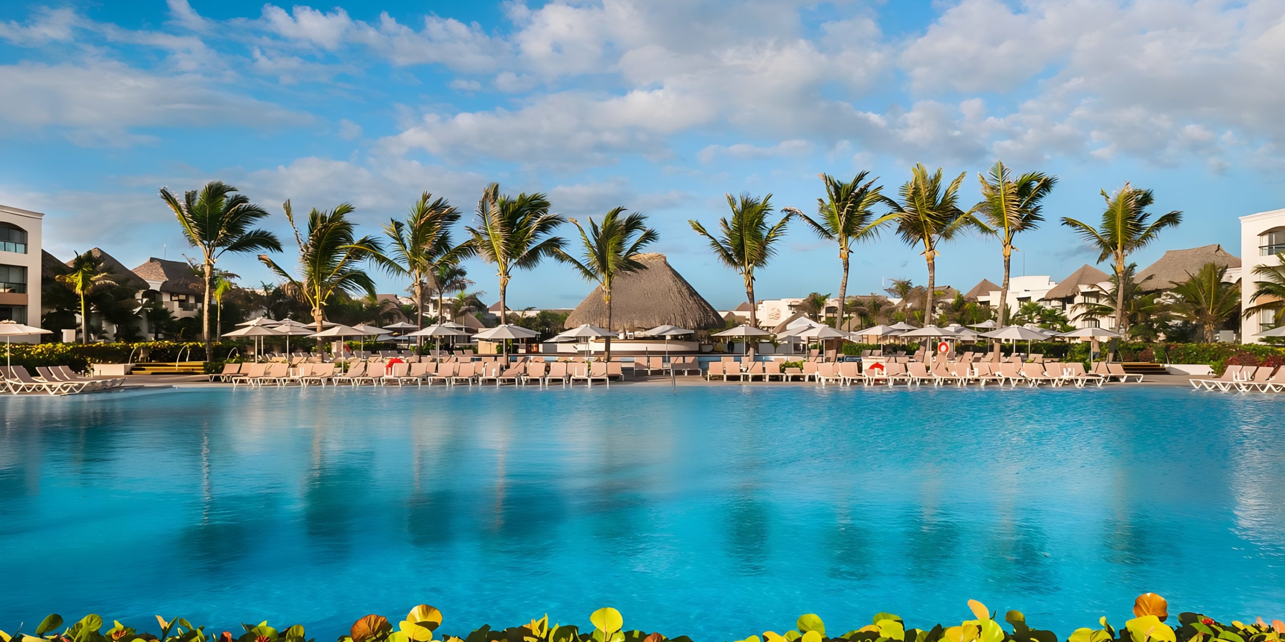 A Hard Rock Punta Cana resort swimming pool with loungers and palm trees under a clear blue sky.