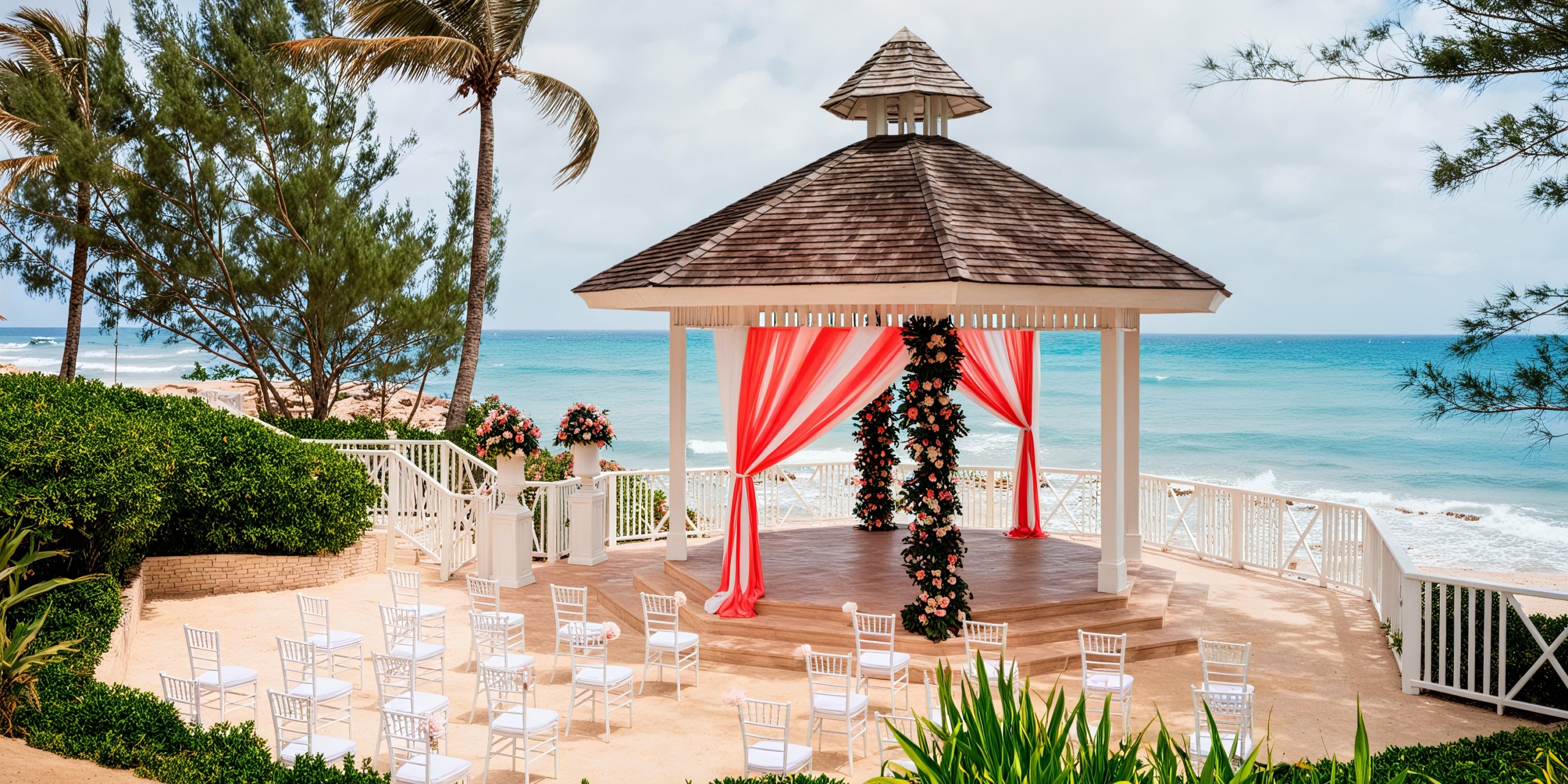 An enchanting scene at Hyatt Ziva Rose Hall features an outdoor gazebo adorned with red drapes, set up for a wedding ceremony, overlooking the ocean. White chairs are meticulously arranged in rows, and the picturesque setting is complemented by surrounding palm trees and lush green foliage.