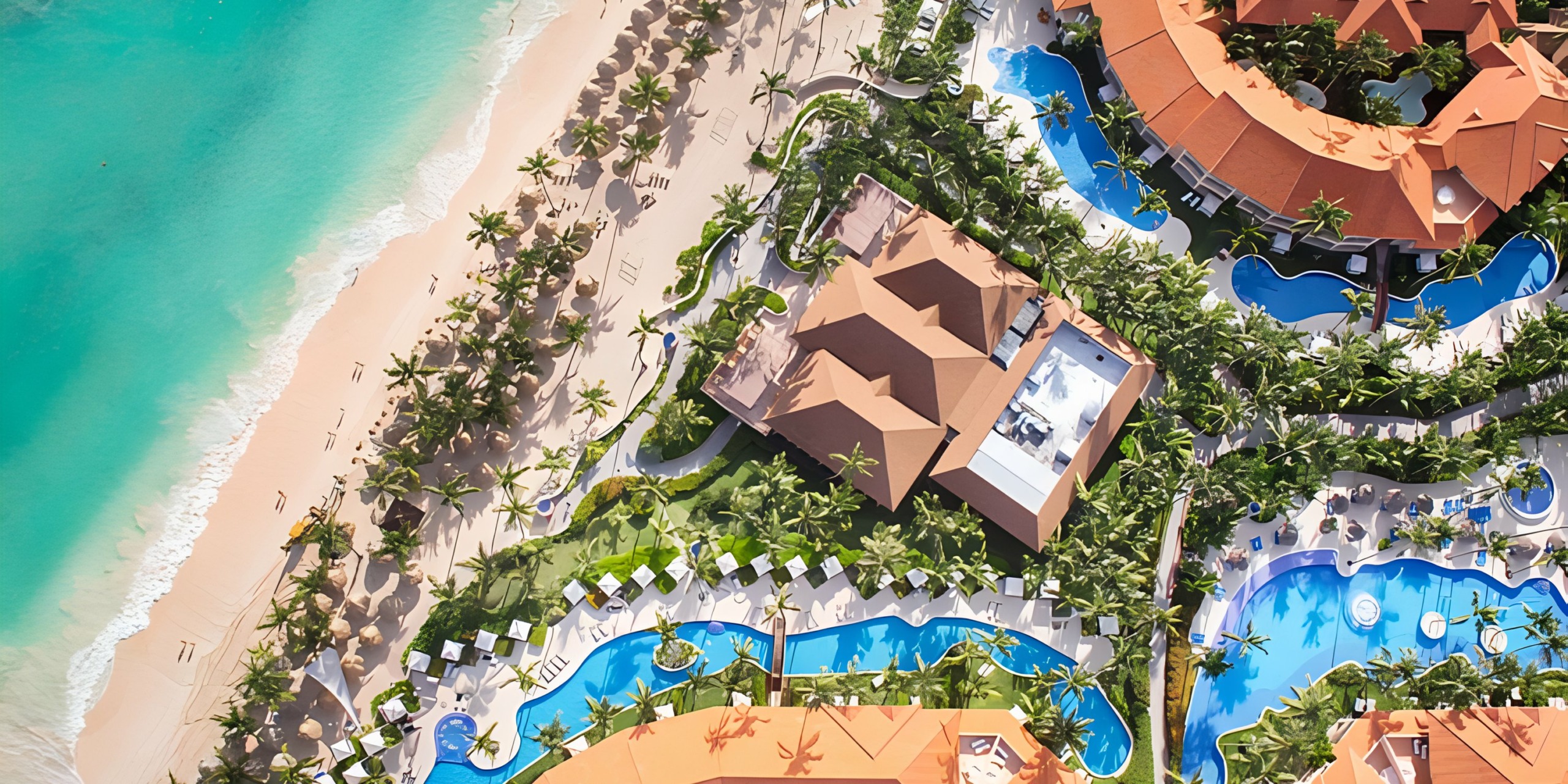 Aerial view of Majestic Elegance Punta Cana with swimming pools, palm trees, and beachfront.
