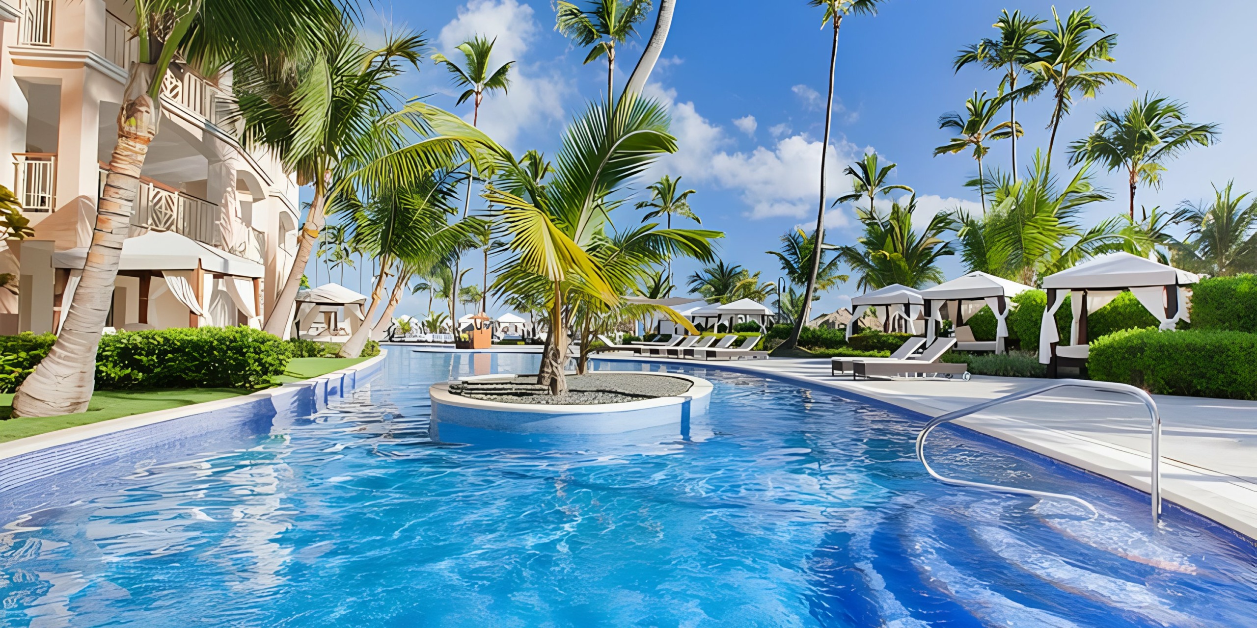 Majestic Elegance Punta Cana resort with a swimming pool surrounded by palm trees and sun loungers.