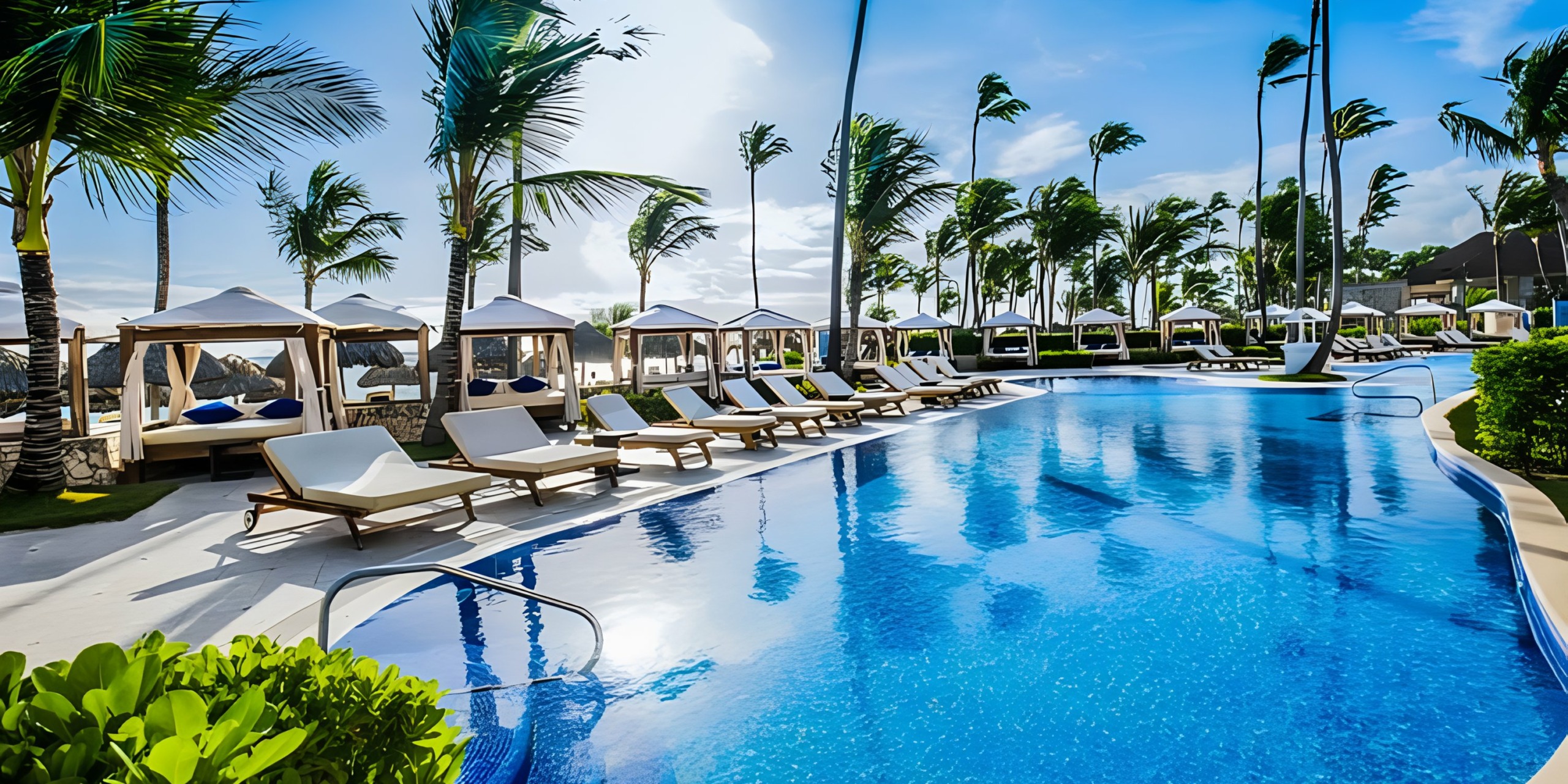 Majestic Elegance Punta Cana resort poolside with loungers and cabanas under palm trees.