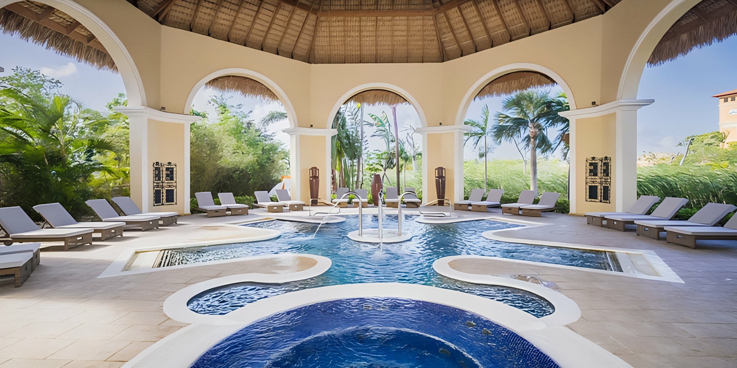Majestic Elegance Punta Cana with sun loungers under an open-air pavilion with a thatched roof.