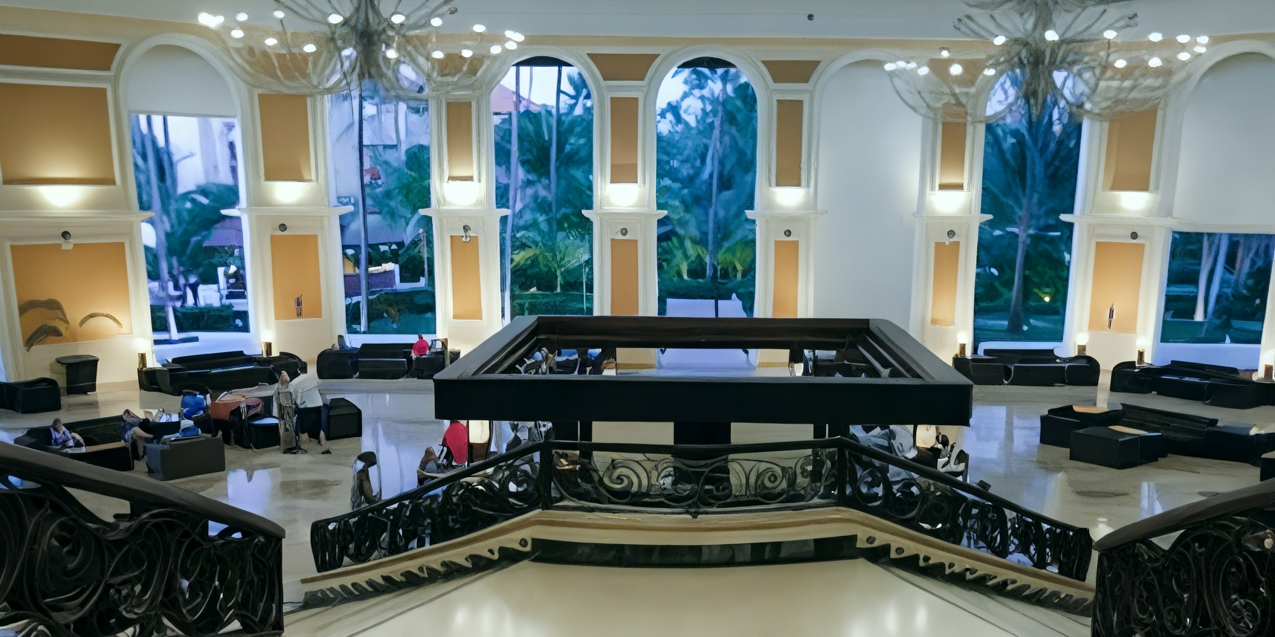 The Majestic Elegance Punta Cana boasts a spacious lobby adorned with elegant decor, highlighted by large arched windows, chandeliers, and comfortable seating areas. An ornate staircase with intricate railings gracefully descends to the lower level.