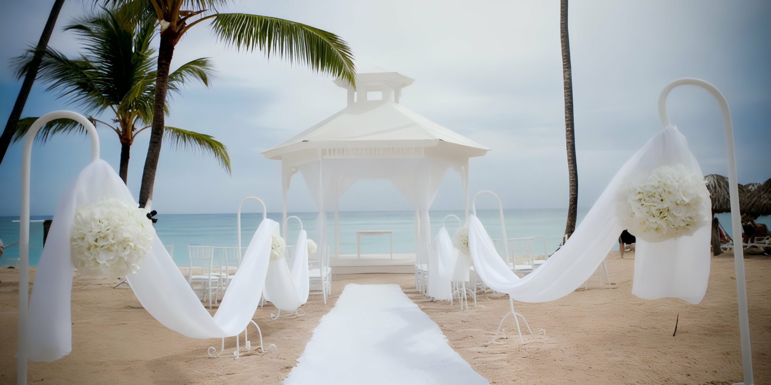 A beach wedding setup at Majestic Elegance Punta Cana, showcasing a white gazebo adorned with flowing white fabric and exquisite flower arrangements, all set against a backdrop of the ocean and swaying palm trees.