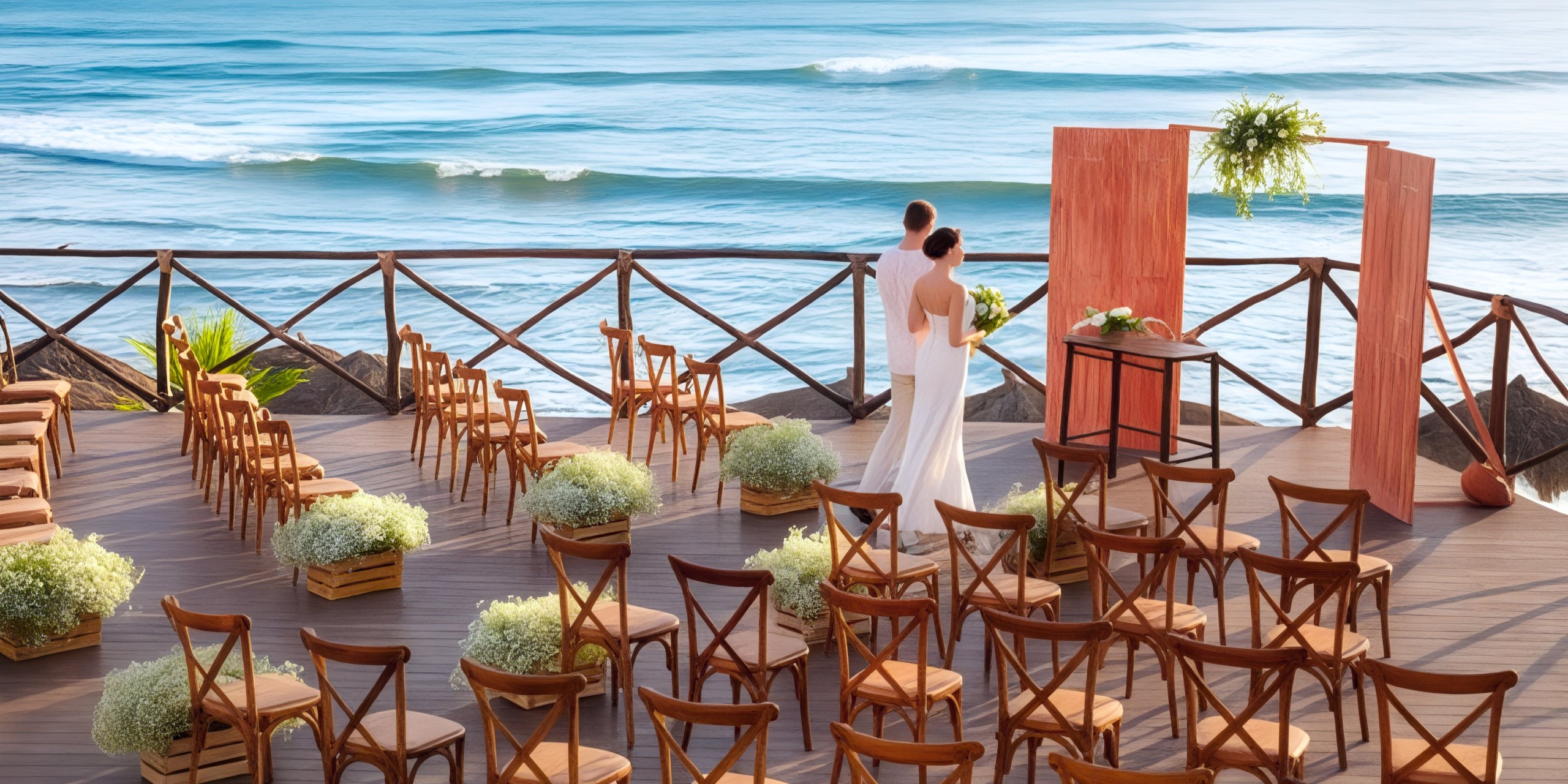 A couple stands at the Grand Palladium Vallarta beachfront wedding altar on a wooden deck, with rows of chairs arranged for the ceremony, overlooking the ocean.