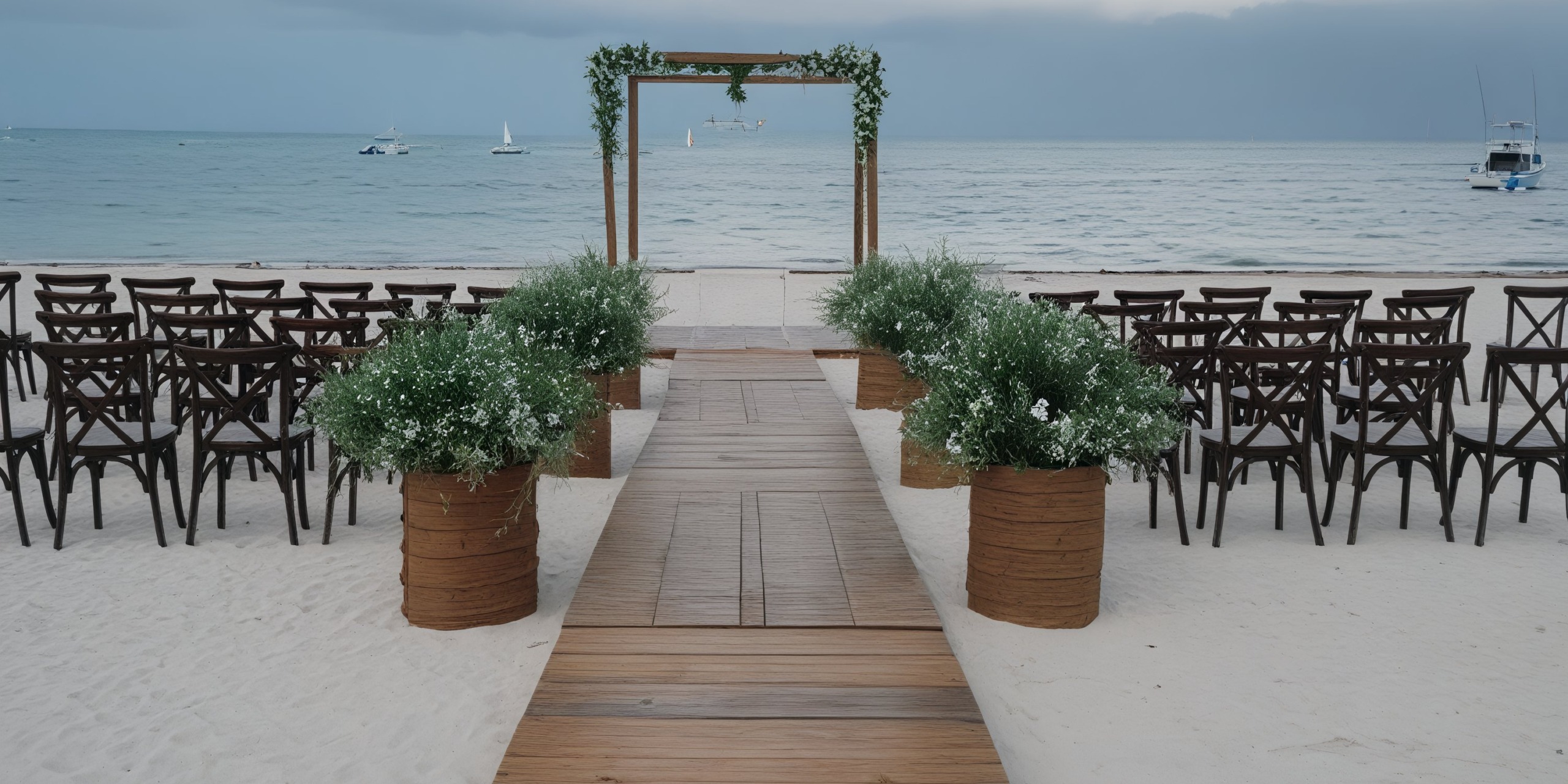 Experience a breathtaking destination wedding at Royalton Bavaro, featuring a charming wooden aisle, elegant chairs, and stunning floral decor by the ocean.