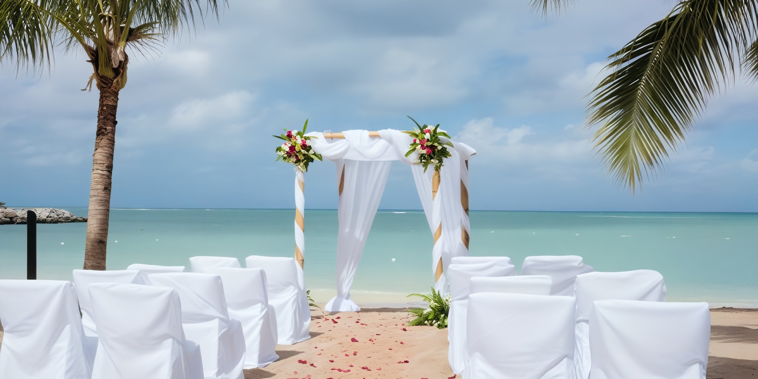 A beach wedding setup at Hotel Riu Montego Bay features an arch elegantly draped in white fabric and adorned with flowers, surrounded by rows of chairs covered in white. Palm trees frame the picturesque background, and the ocean stretches out beneath a cloudy sky.