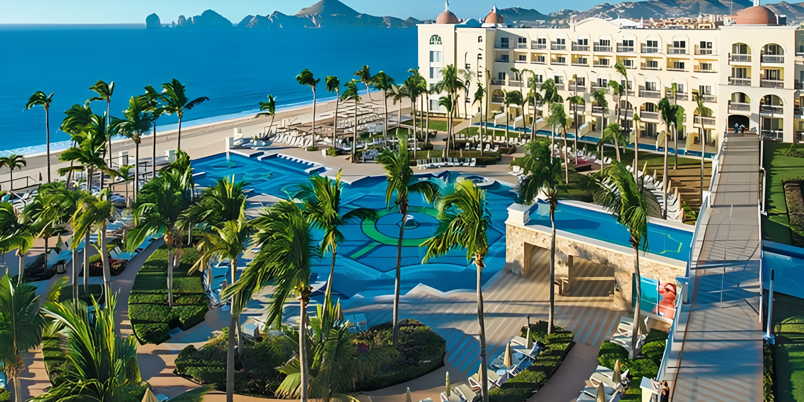 Aerial view of Hotel Riu Palace Cabo San Lucas with swimming pools, palm trees, and ocean views in the background.