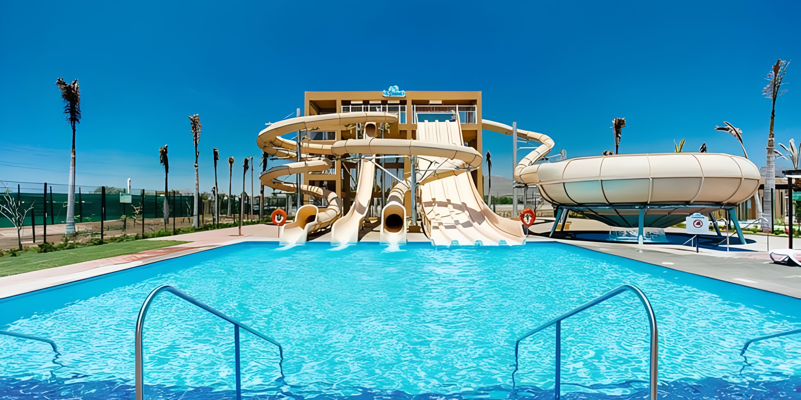 Hotel Riu Palace Cabo San Lucas with a blue pool and a multi-slide tower on a sunny day.