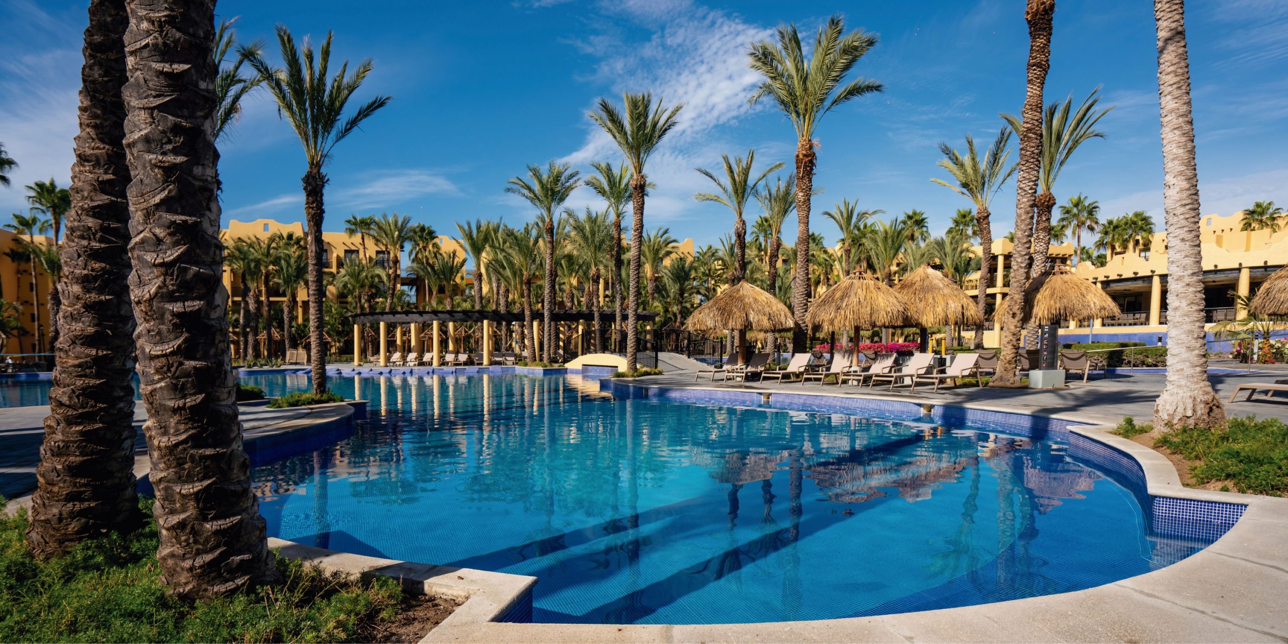 The Hotel Riu Santa Fe features an outdoor swimming pool bordered by palm trees and equipped with lounge chairs shaded by straw umbrellas, all set under a clear blue sky.