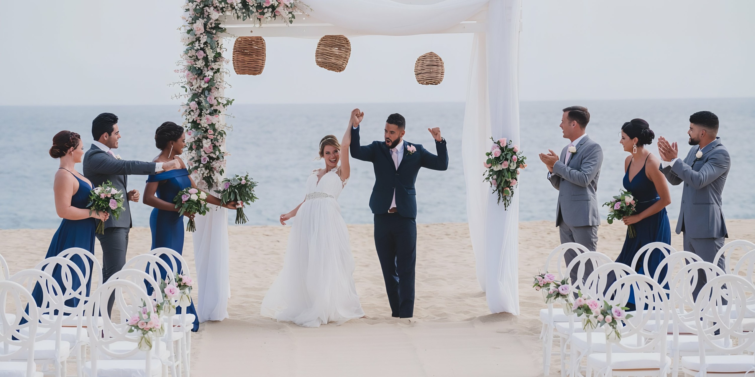 A bride and groom exit their Sandos Finisterra Los Cabos wedding ceremony while guests applaud.