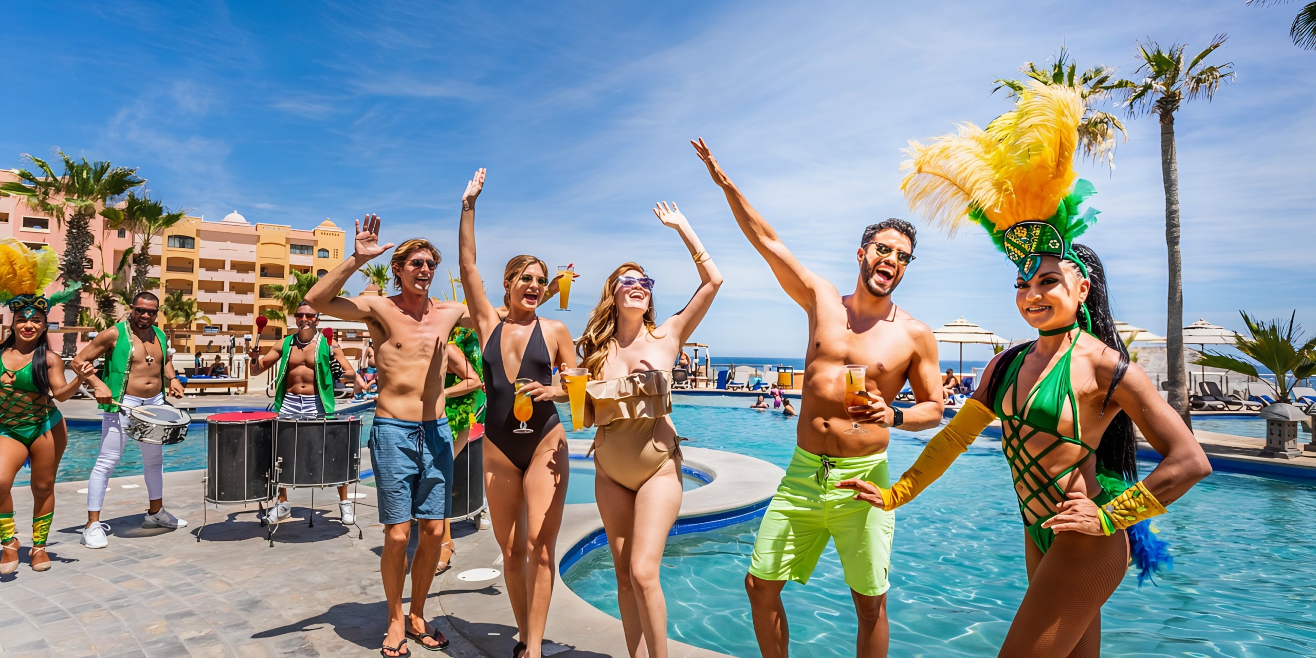 Group of people enjoying a festive poolside event at Sandos Finisterra Los Cabos with samba dancers and drummers.